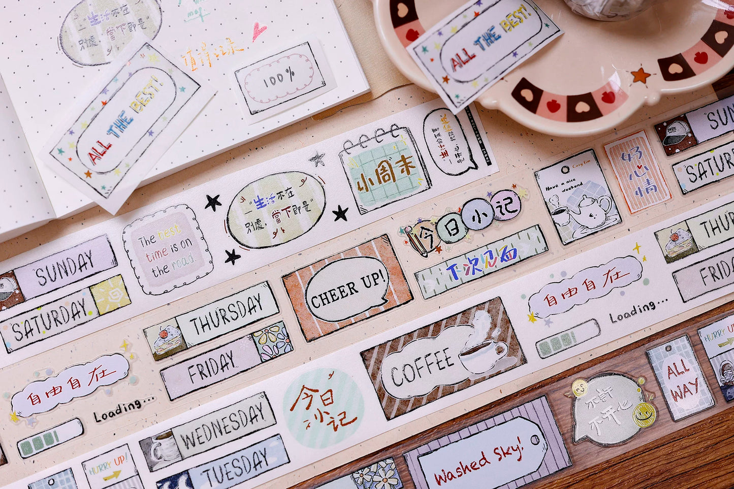 XiaoBaiJia Salt Series【Many Signs】Pre-cut Orginal Design Handwritten Chinese and English Word Borders Washi/Pet Tape Light Retro Stickers