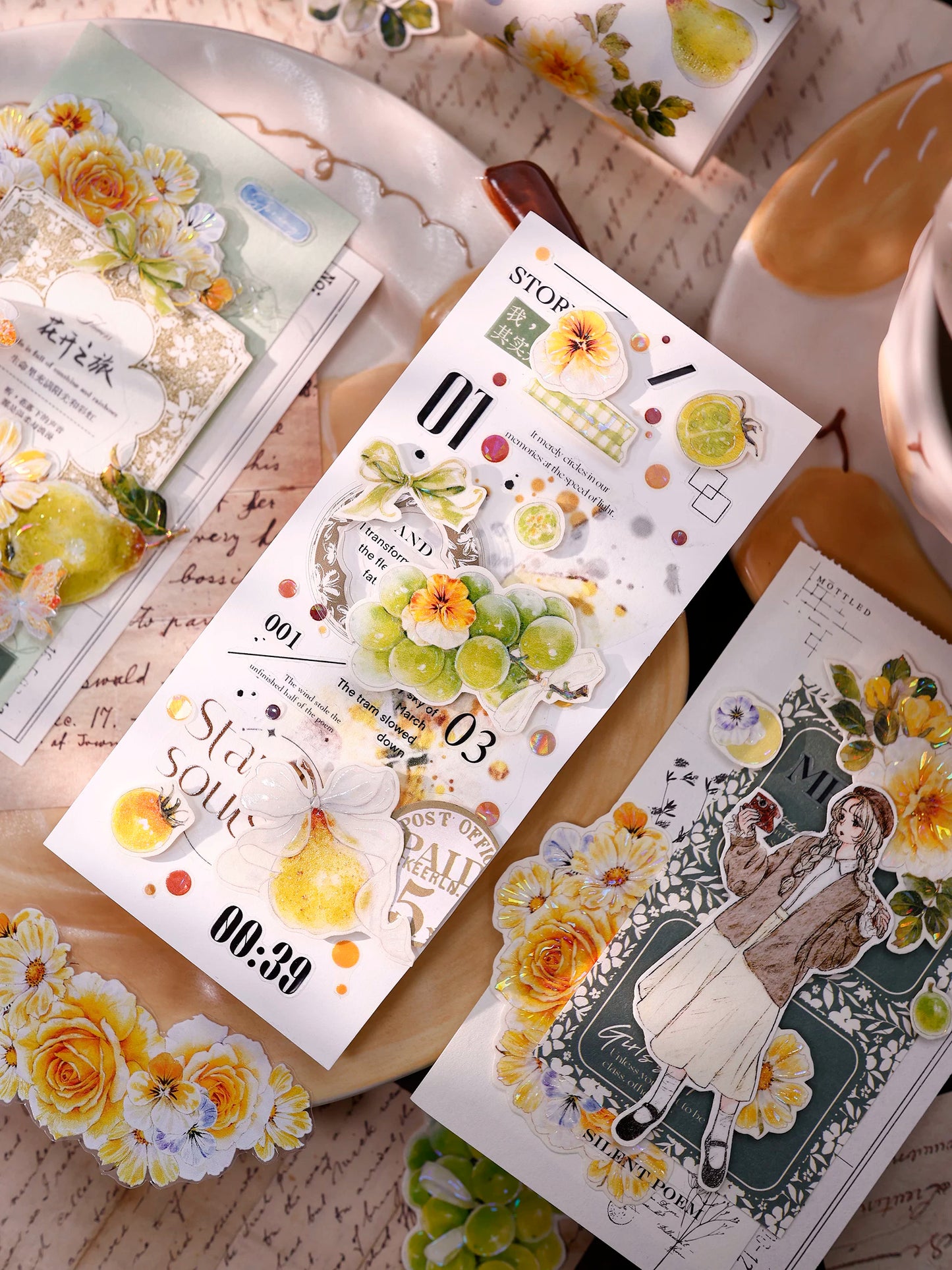 XiaoBaiJia【Green Grape Vine】Pre-cut Floral Orginal Design Washi Pet Tape Light Retro Stickers