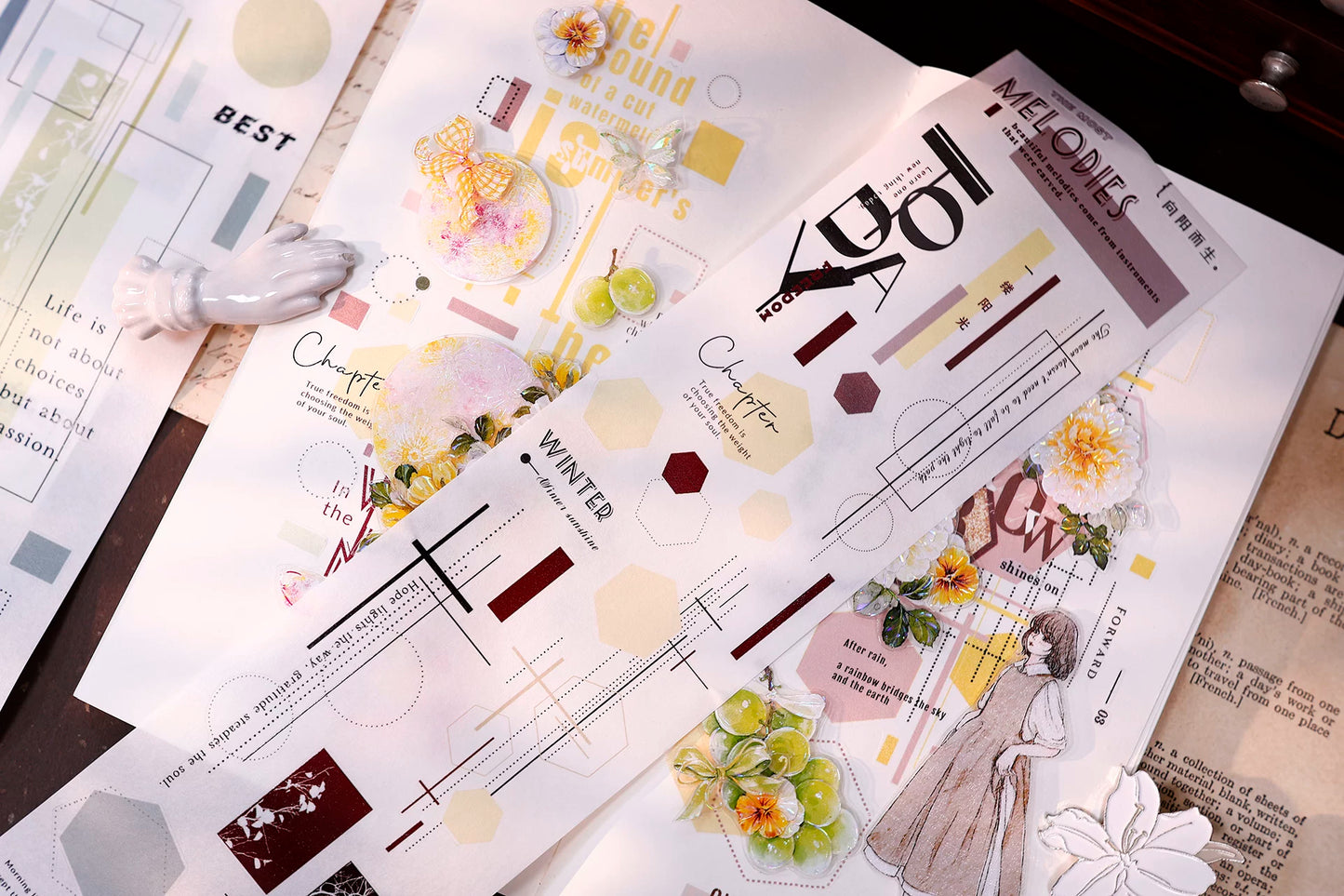 XiaoBaiJia【Geometric Set】Pre-cut Text Line Base Orginal Design Washi Pet Tape Light Retro Stickers