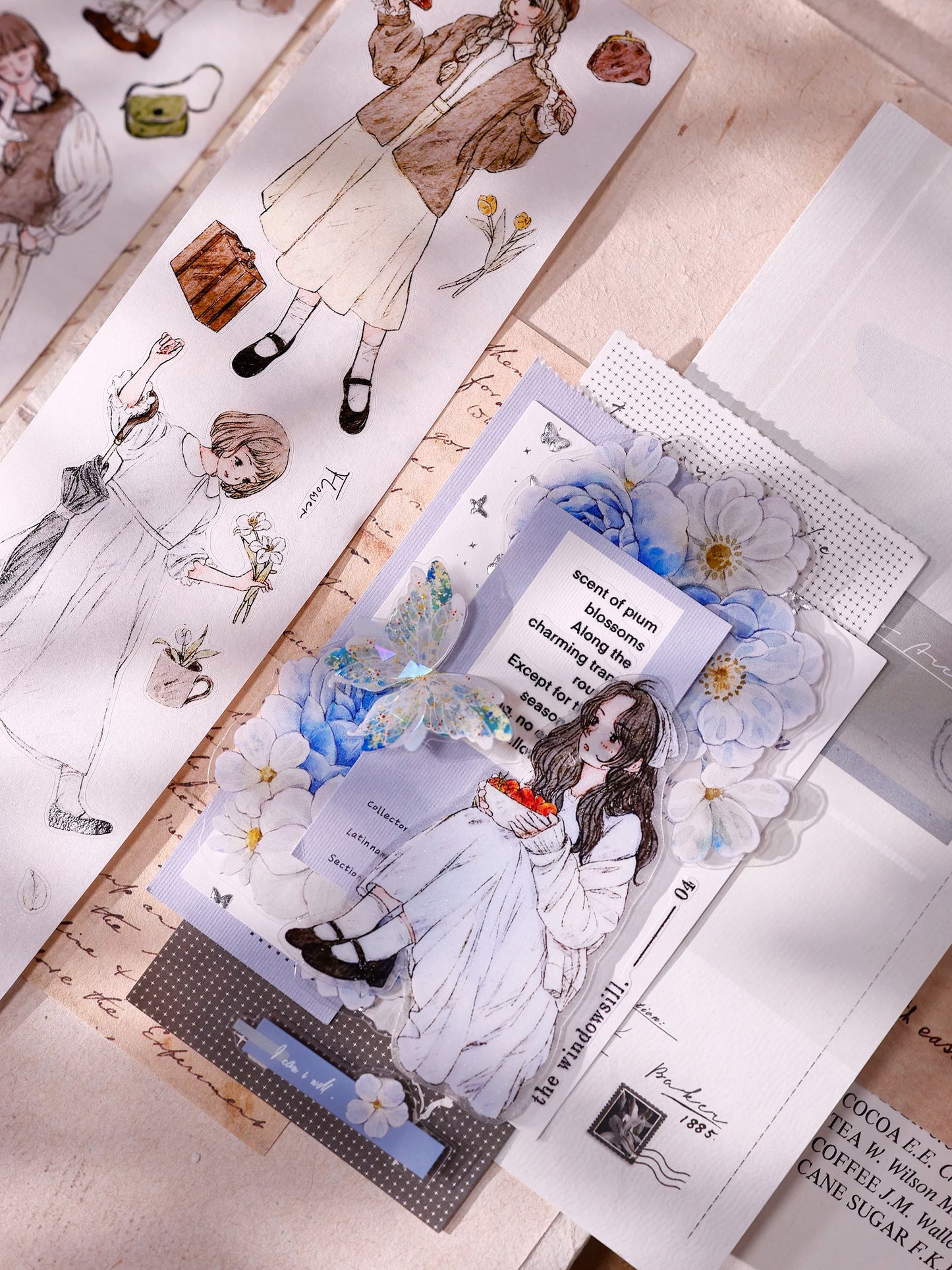 XiaoBaiJia Salt Series【Poetic Girl】Pre-cut Orginal Design Washi Pet Tape Light Retro Stickers