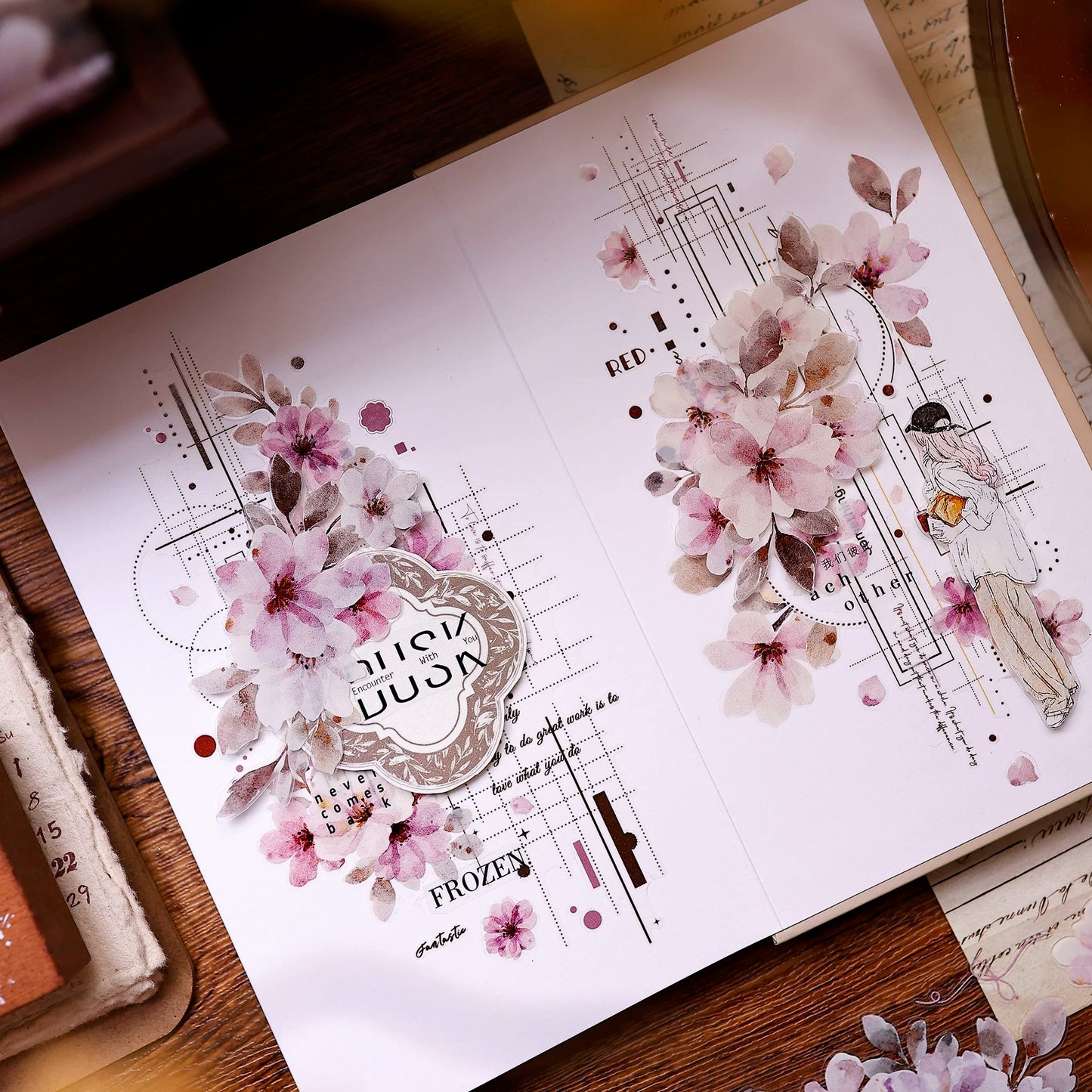 XiaoBaiJia Salt Series【Pink Mist Letter Paper】Pre-cut Orginal Design Washi/Pet Tape Light Retro Stickers