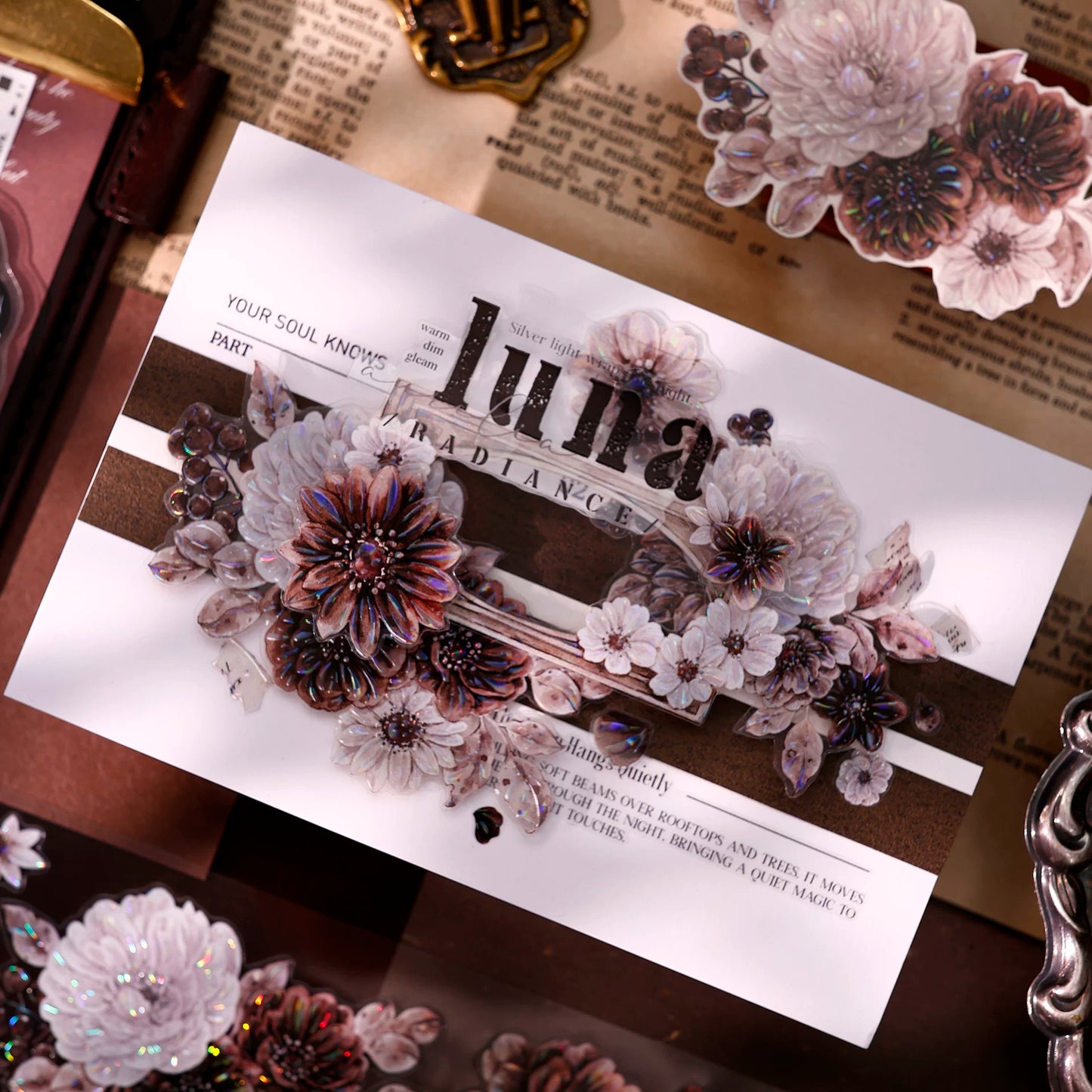 XiaoBaiJia【Brown Shadow Old Paper】Pre-cut Floral Orginal Design Washi Pet Tape Light Retro Stickers