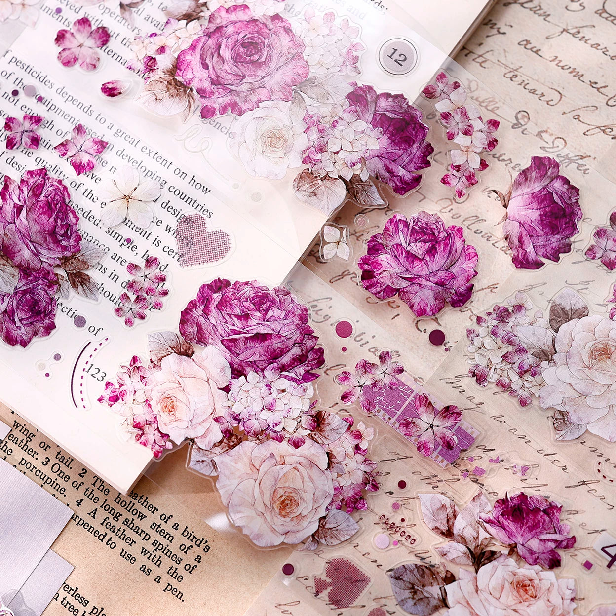 XiaoBaiJia【Zimo Fangxu】Pre-cut Rose Flowers Orginal Design Washi Pet Tape Light Retro Stickers