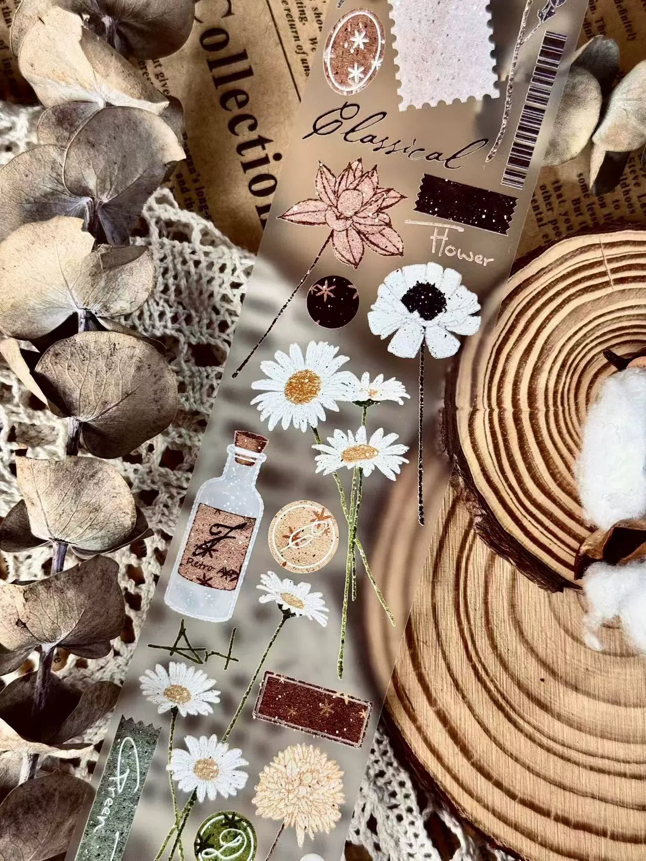 Linlanxi【Hand drawn Flower Collection】 Original New Product Light Retro Bouquet Washi/Pet Tape Long Loop Whole Roll