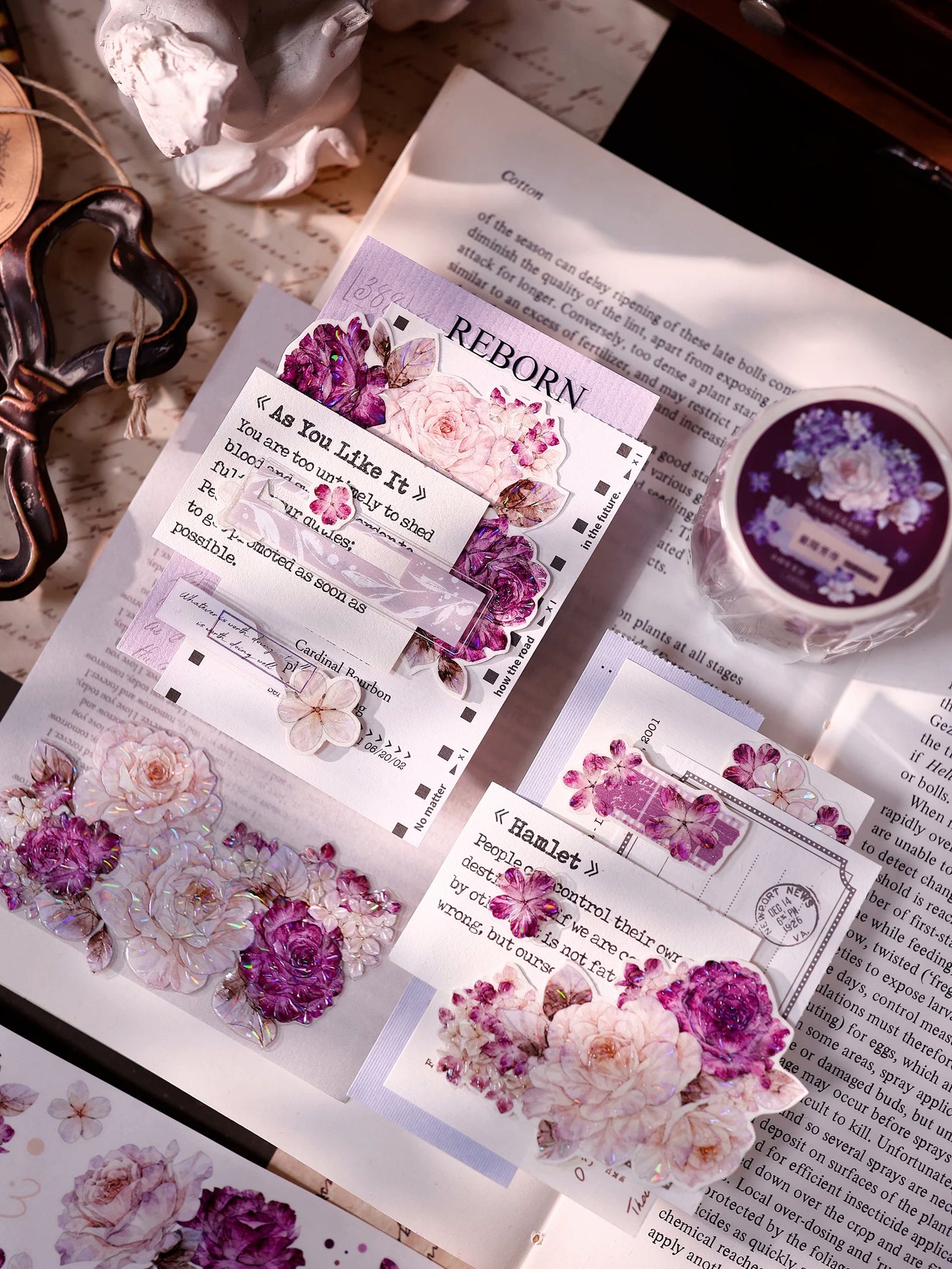 XiaoBaiJia【Zimo Fangxu】Pre-cut Rose Flowers Orginal Design Washi Pet Tape Light Retro Stickers
