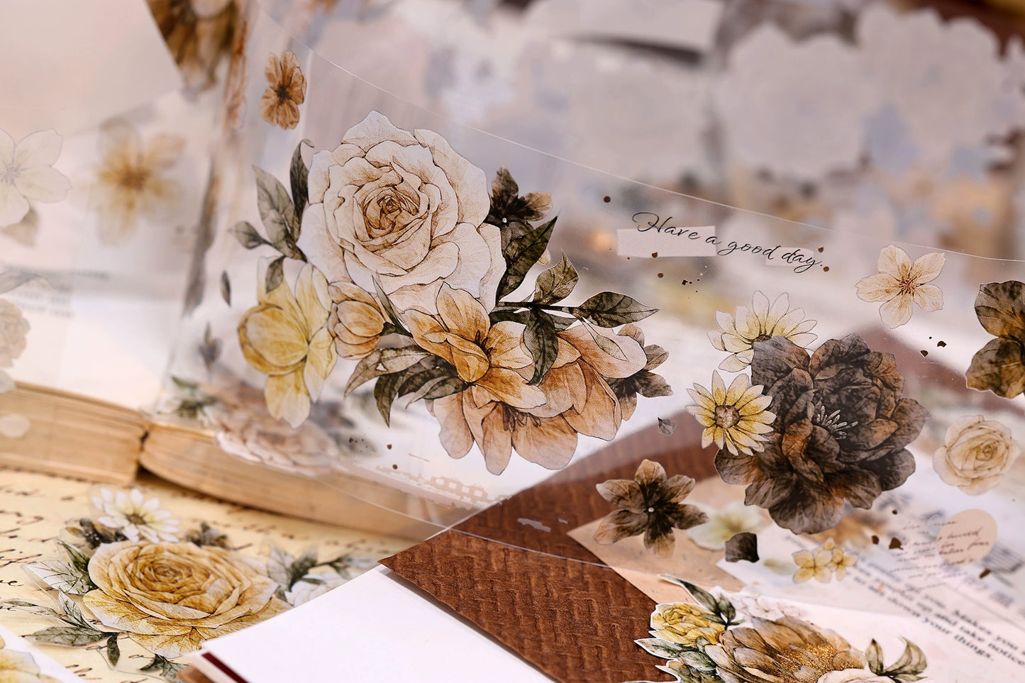 XiaoBaiJia【LanYan / Caramel Latte】Light Retro Flower Orginal Design Washi Pet Floral Tape Landscaping Stickers