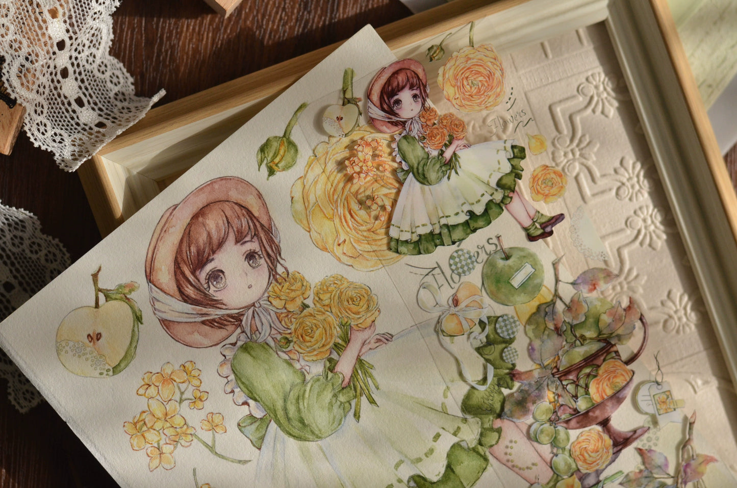 XiaoBaiJia【Initial Blue】Light Retro Peony Flowers and Fresh Apples Orginal Design Washi Pet Tape Landscaping Stickers