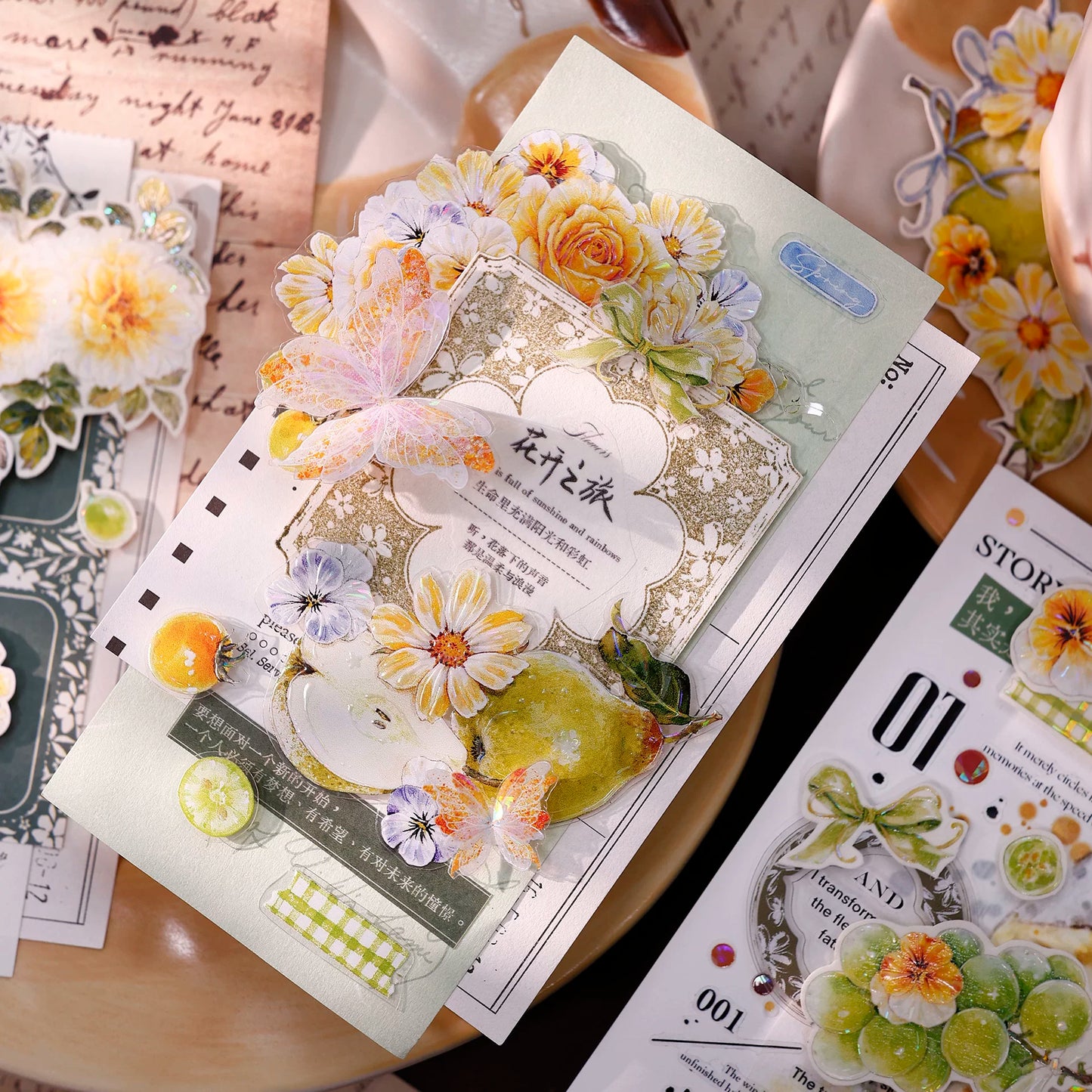 XiaoBaiJia【Green Grape Vine】Pre-cut Floral Orginal Design Washi Pet Tape Light Retro Stickers