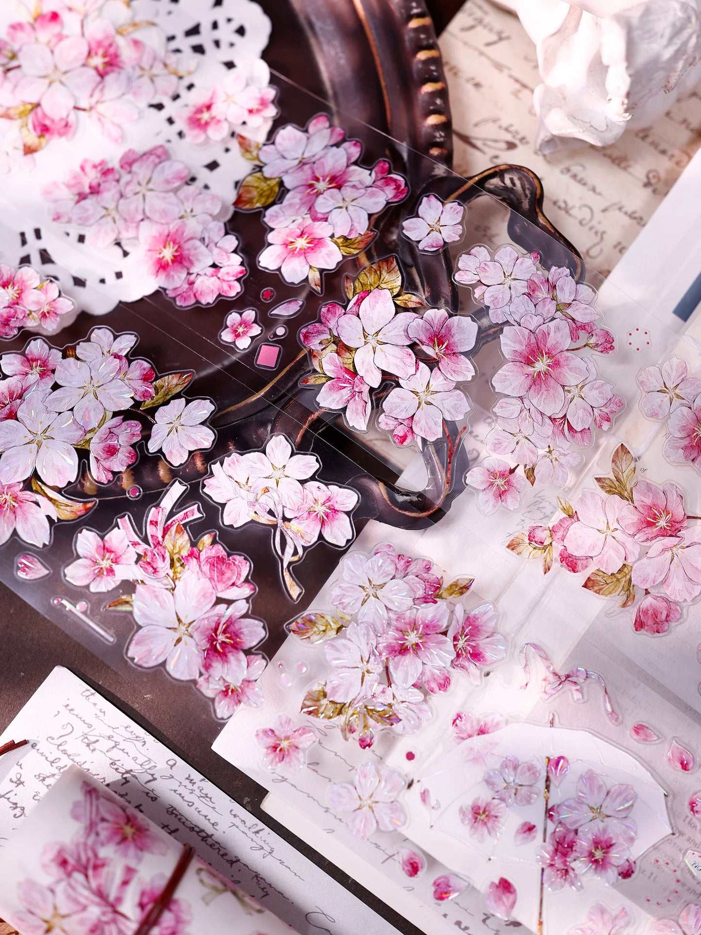 XiaoBaiJia【Pink Cherry Blossoms】Orginal Design Floral Washi Pet Tape Light Retro Landscaping Stickers