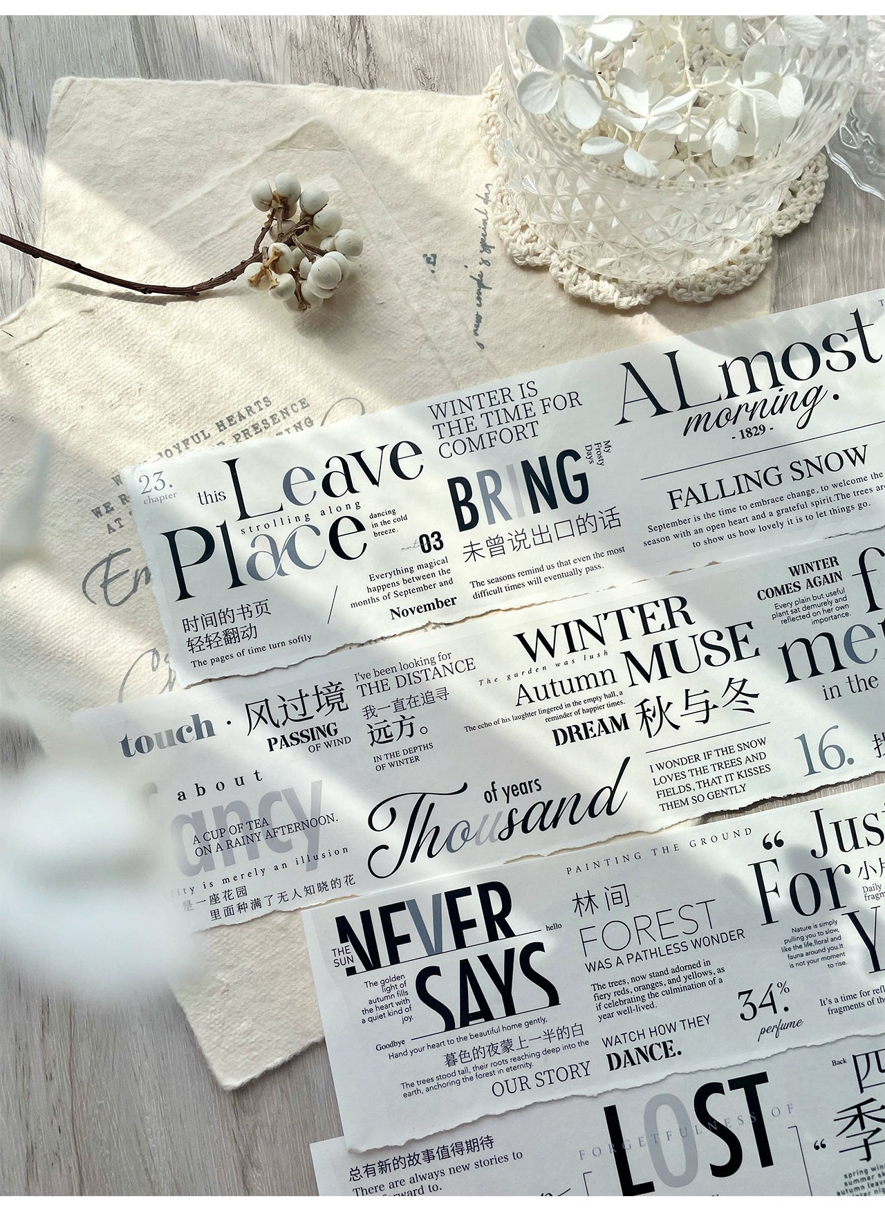 TianCheng-Vol5【Autumn and Winter】English Text Washi/PET Tape,for Scrapbook Supplies,Scrapbook Tape Stickers,Junk Journal Supplies