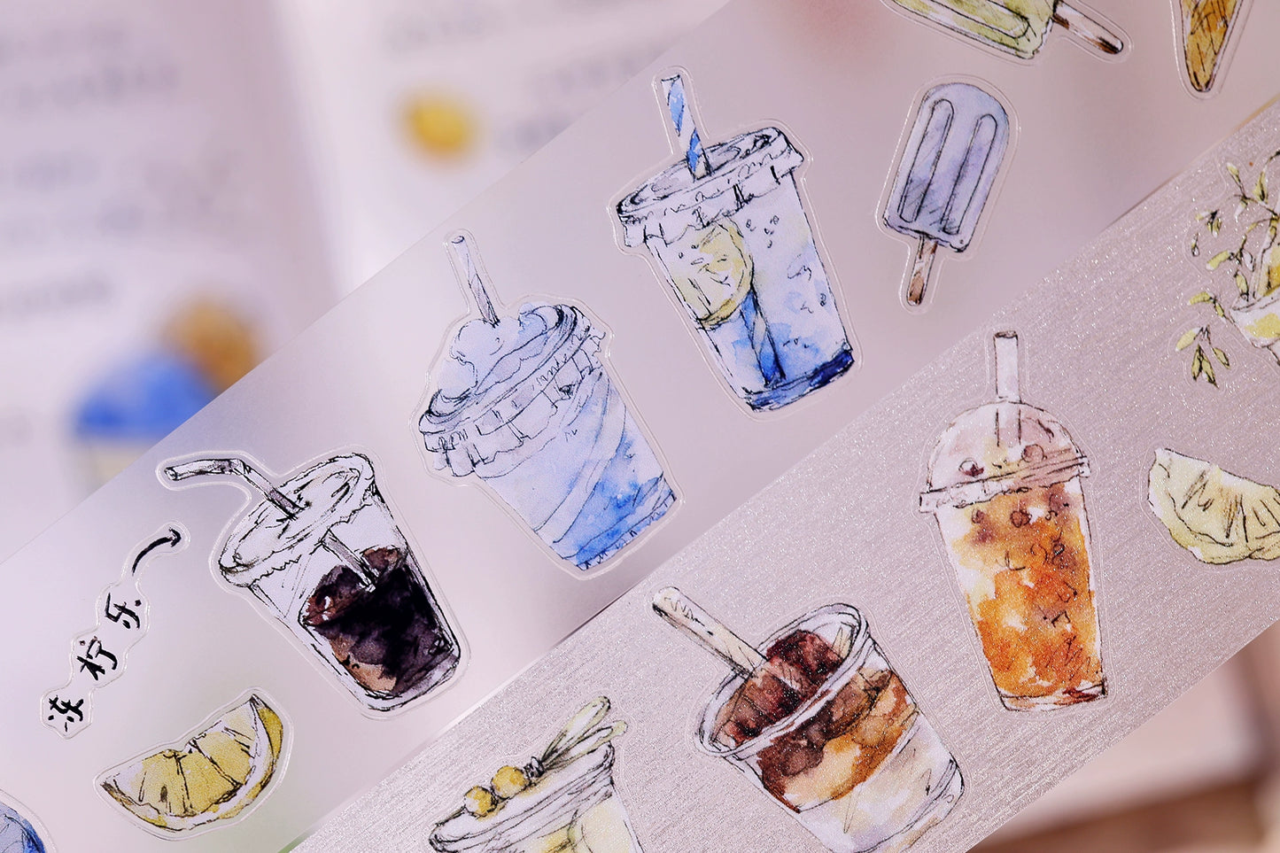 XiaoBaiJia Minimalist Style【Cool Summer】Drink Milk Tea,Pre-cut Light Retro Orginal Design Washi Pet Tape Landscape Stickers
