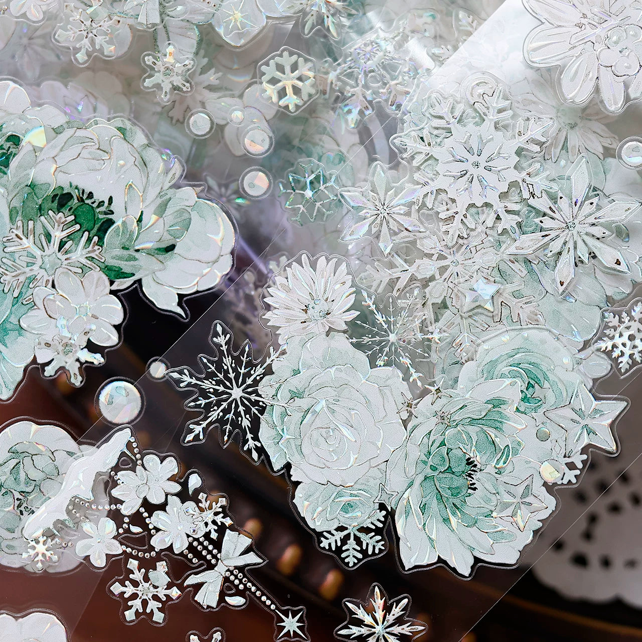 XiaoBaiJia Salt Series【Peppermint Ice】Pre-cut Orginal Design Light Retro Blue and Green Floral Pattern Washi/Pet Tape Light Retro Stickers