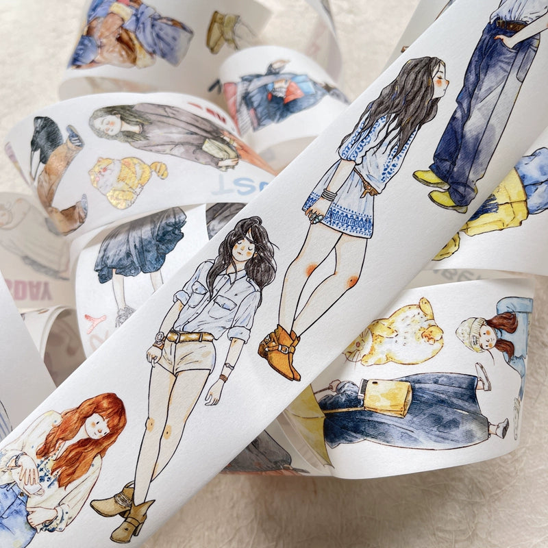 DingDing Vol8【26#Informal Essay】10m Loop,Original Character Design Vintage Casualness Girl Washi/PET Tape Stickers, for Scrapbook Supplies,Scrapbook Tape Stickers,Junk Journal Supplies