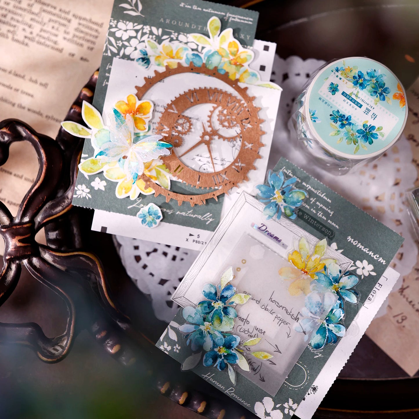 XiaoBaiJia【Picking Up Blue】Pre-cut Floral Orginal Design Washi Pet Tape Light Retro Stickers