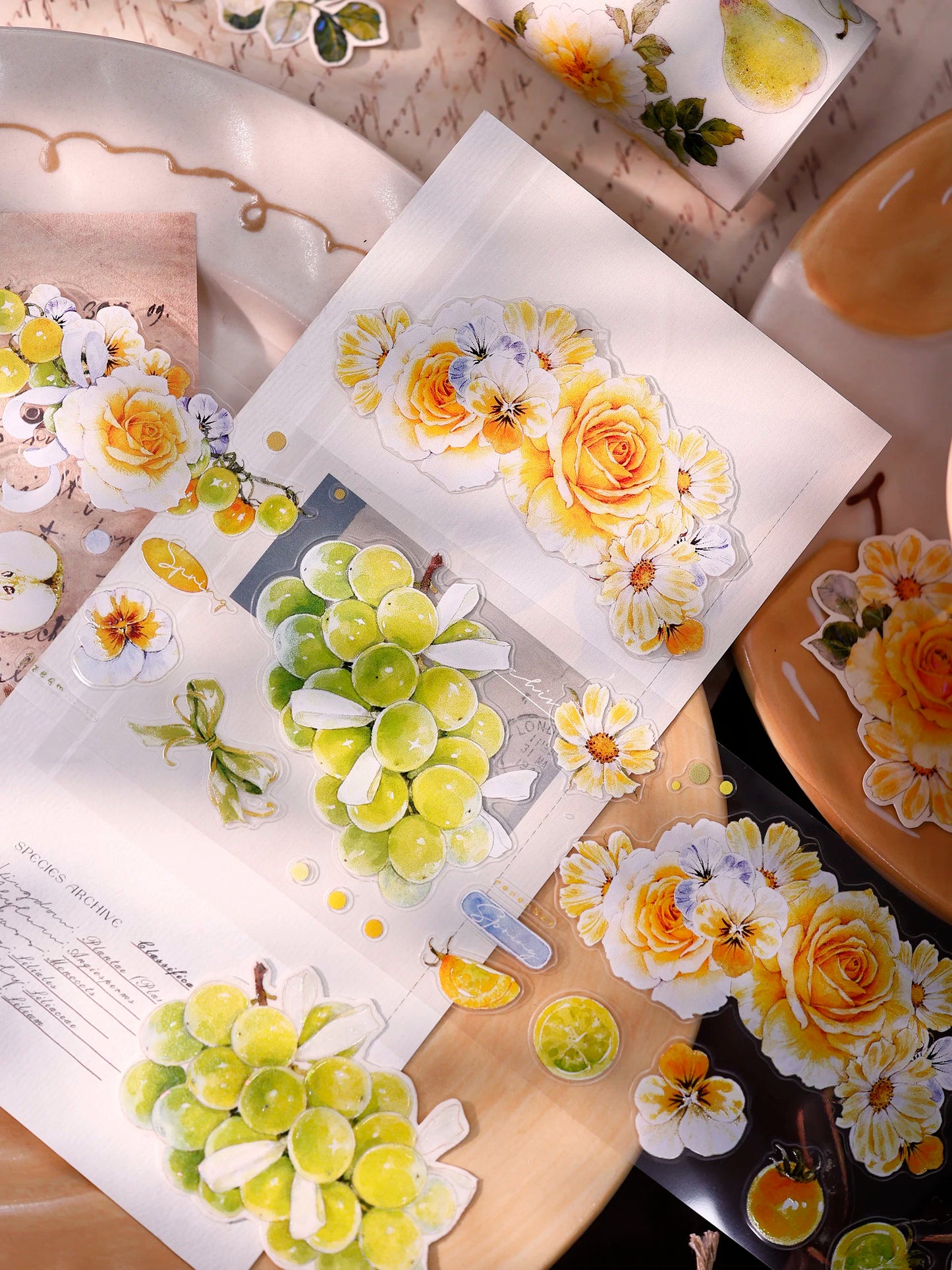 XiaoBaiJia【Green Grape Vine】Pre-cut Floral Orginal Design Washi Pet Tape Light Retro Stickers