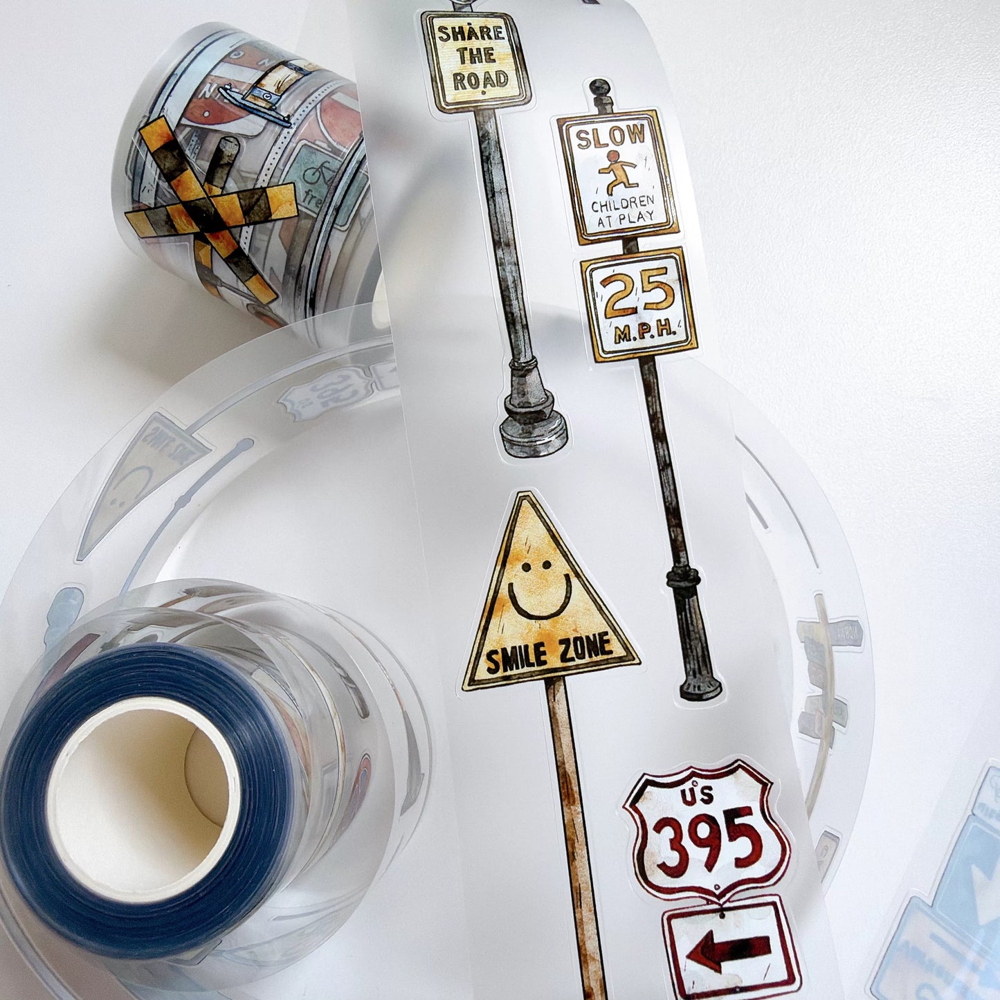 Kaixiaoxun Vol13【Road Sign】 Pre-Cut Long Loop Washi/Matte PET Tape for Scrapbook Supplies,Junk Journal Supplies