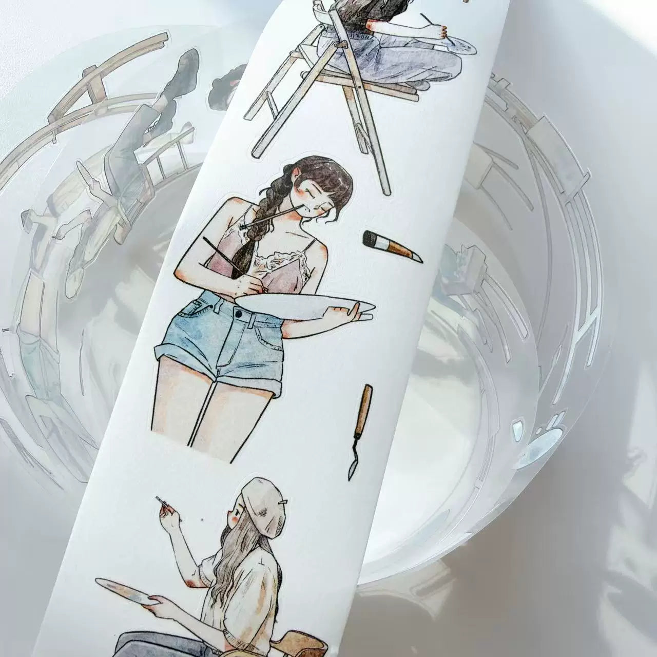 Kaixiaoxun Vol12【The Girl Who Draws】 Pre-Cut Long Loop Washi/Matte PET Tape for Scrapbook Supplies,Junk Journal Supplies