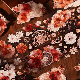 XiaoBaiJia【Flower Language Time】Light Retro Gear Red Moon Season Follower Orginal Design Washi Pet Tape Landscaping Stickers