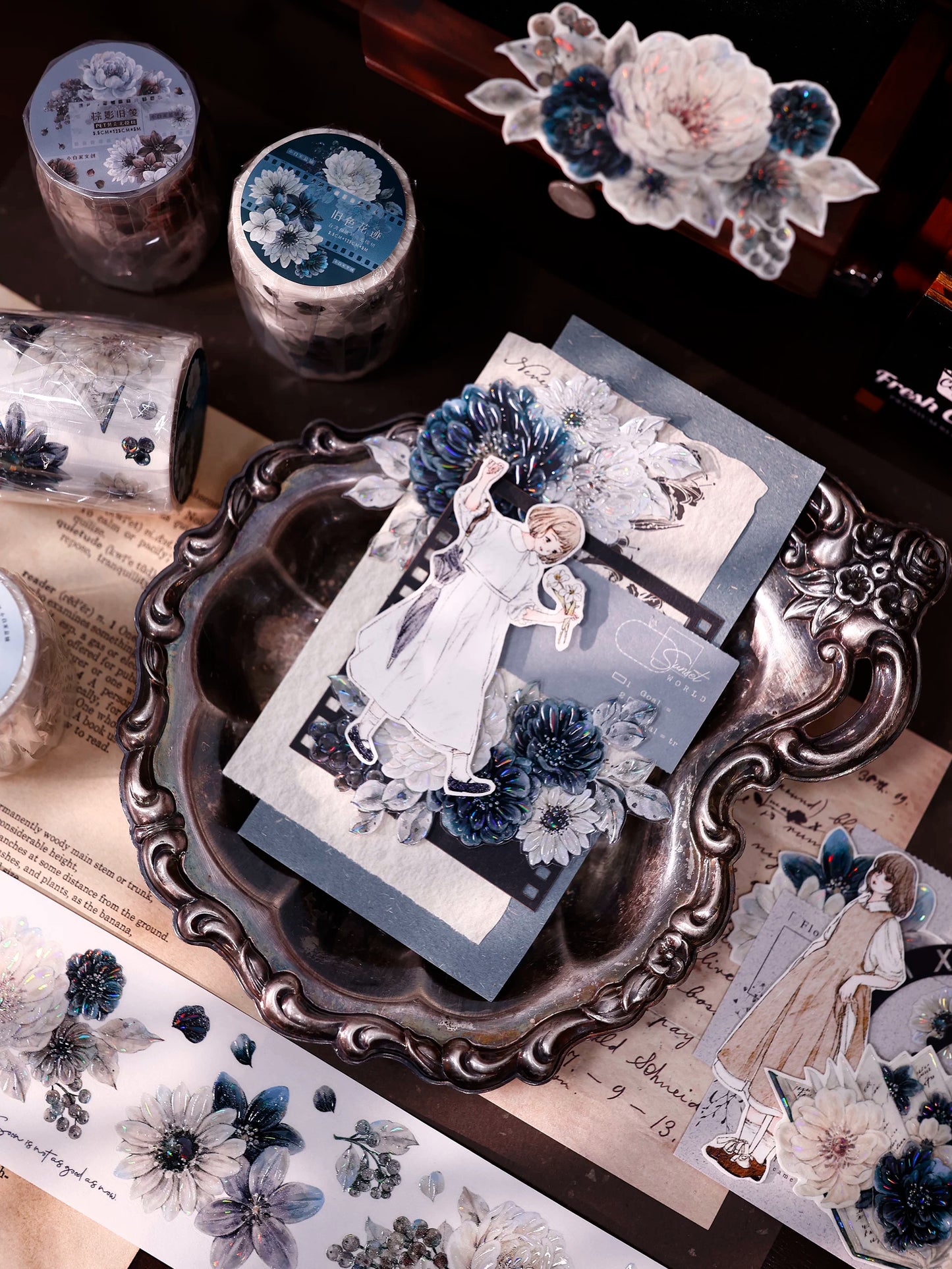 XiaoBaiJia【Old Color Floral Traces】Pre-cut Floral Orginal Design Taiwan Washi Pet Tape Light Retro Stickers