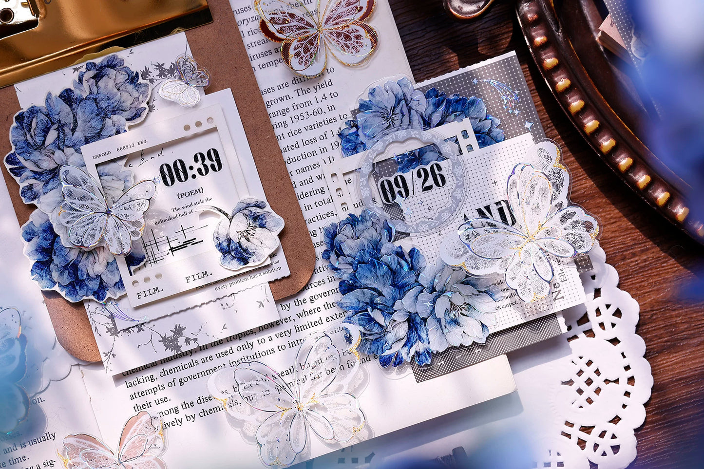 XiaoBaiJia Salt Series【Blue Mirror】Orginal Design Kiss-cut Washi/Pet Floral Tape Light Retro Landscaping Stickers