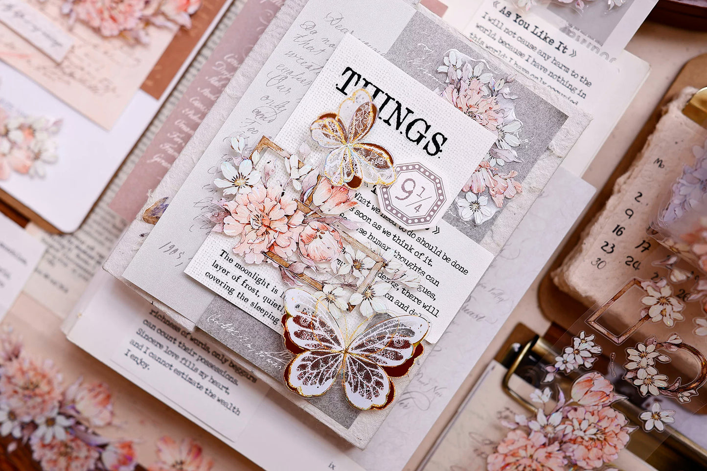 XiaoBaiJia Salt Series【Orange Shadow】Pre-cut Orginal Design Vintage Peony Flowers Washi/Pet Tape Light Retro Stickers
