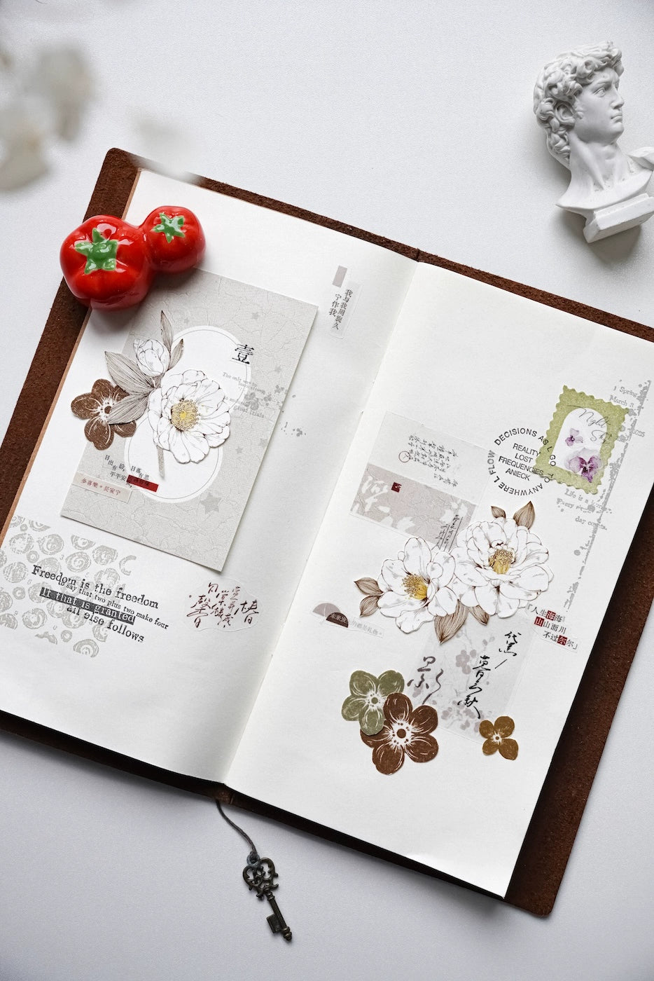 YuanZi Vol7【Misty White Camellia】Orginal Design Washi/Pet Tape Light Retro Flowers Stickers,for Scrapbook Supplies,Scrapbook Tape Stickers,Junk Journal Supplies