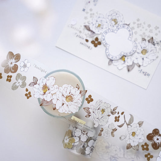 YuanZi Vol7【Misty White Camellia】Orginal Design Washi/Pet Tape Light Retro Flowers Stickers,for Scrapbook Supplies,Scrapbook Tape Stickers,Junk Journal Supplies