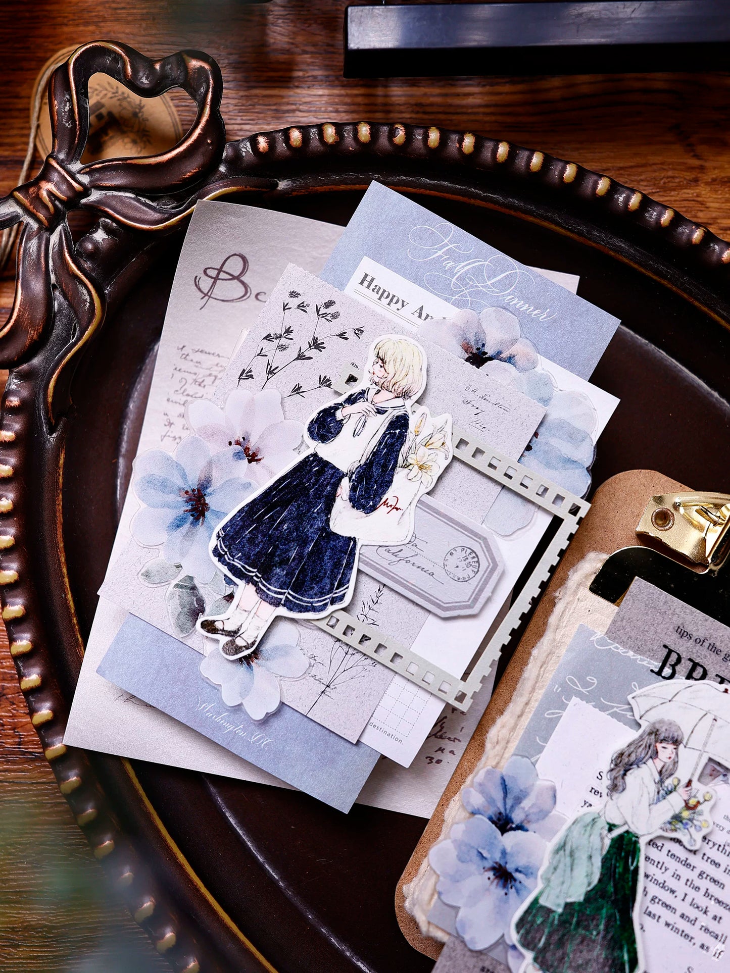 XiaoBaiJia Salt Series【Fog Blue Dense Branches】Pre-cut Orginal Design Washi/Pet Tape Light Retro Stickers