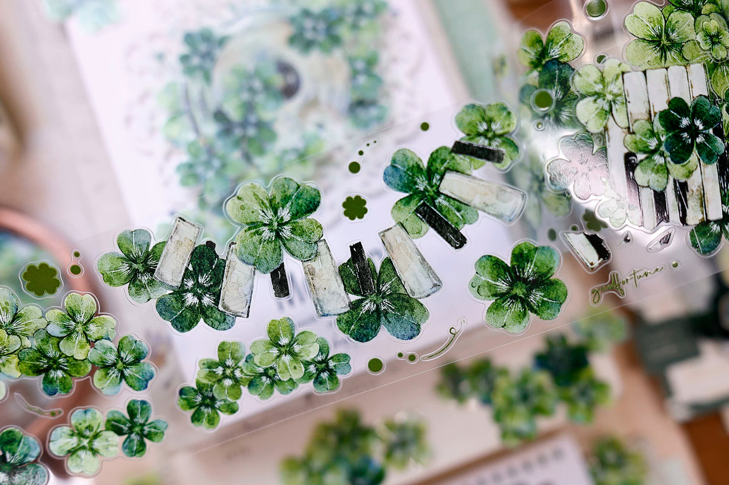 XiaoBaiJia【four-leaf clover】Orginal Design Kiss-cut Washi/Pet Floral Tape Light Retro Landscaping Stickers