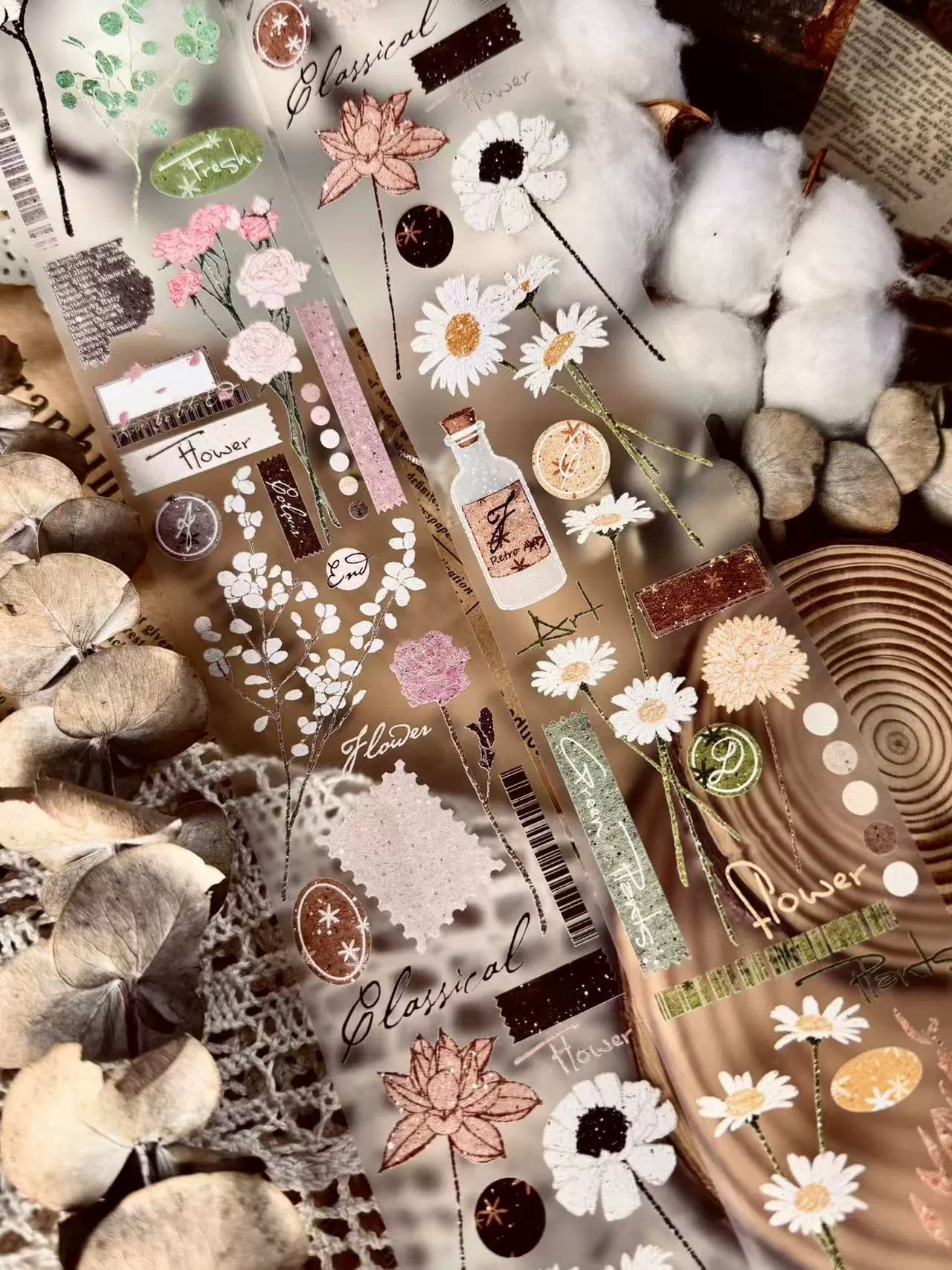 Linlanxi【Hand drawn Flower Collection】 Original New Product Light Retro Bouquet Washi/Pet Tape Long Loop Whole Roll