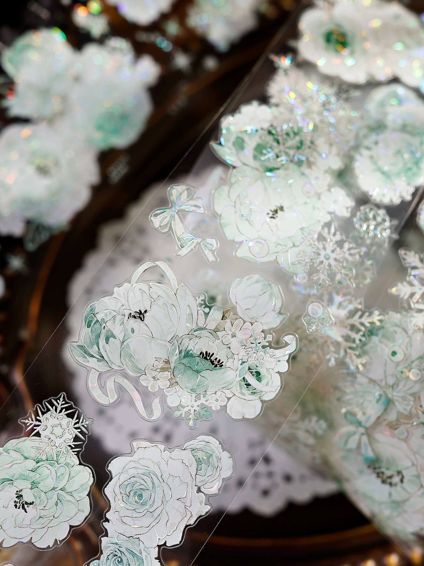 XiaoBaiJia Salt Series【Peppermint Ice】Pre-cut Orginal Design Light Retro Blue and Green Floral Pattern Washi/Pet Tape Light Retro Stickers