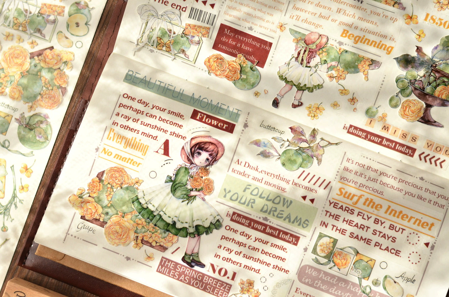 XiaoBaiJia【Initial Blue】Light Retro Peony Flowers and Fresh Apples Orginal Design Washi Pet Tape Landscaping Stickers