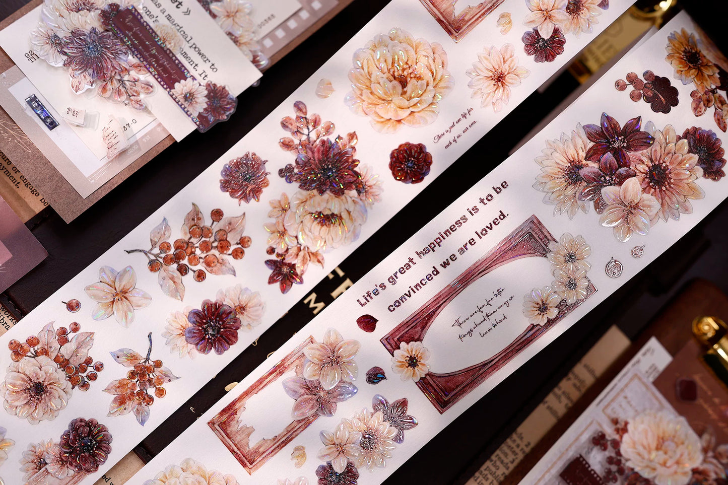 XiaoBaiJia【Peony Shadow Flower Description】Pre-cut Floral Orginal Design Washi Pet Tape Light Retro Stickers