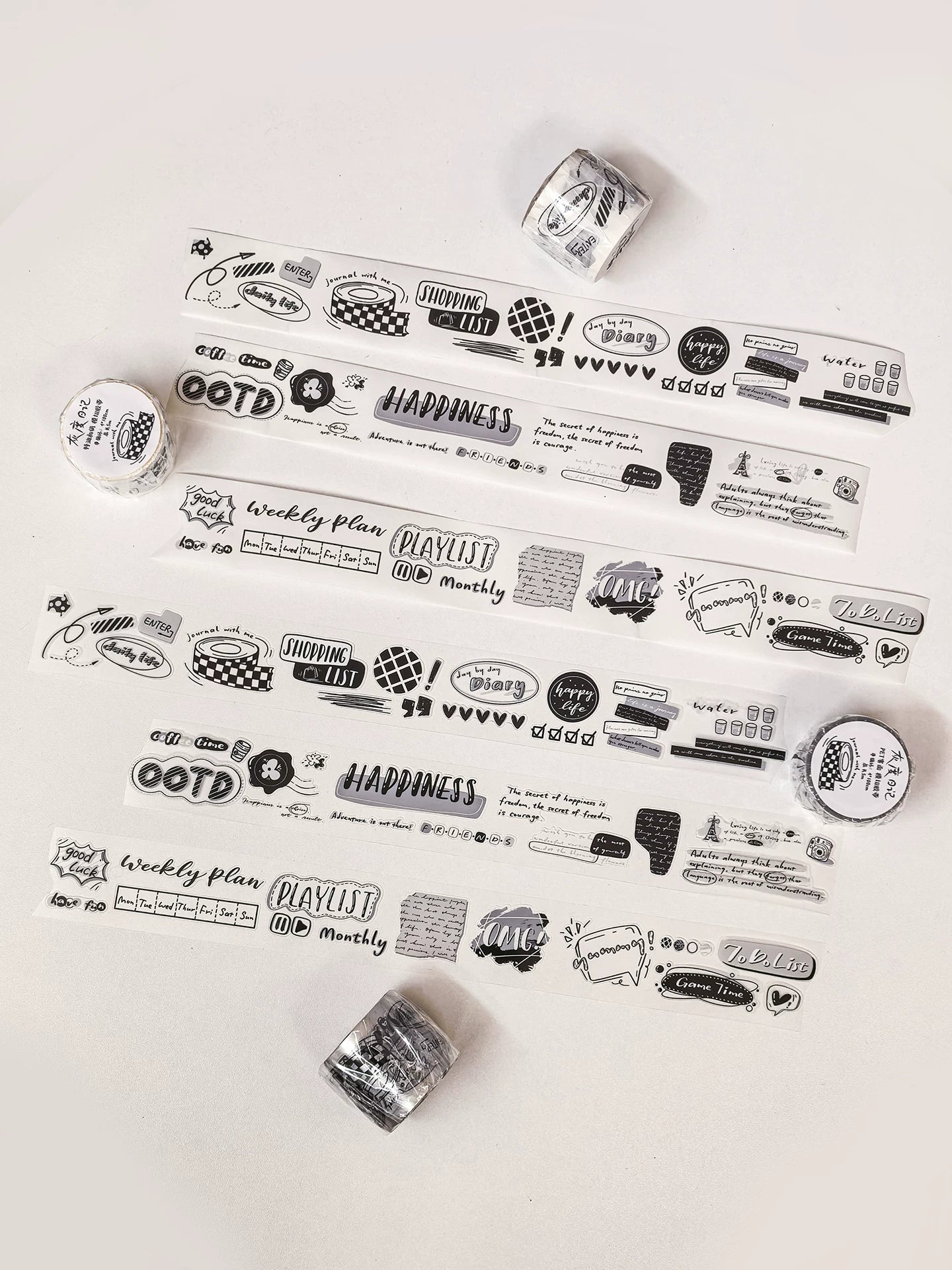 Wait Studio【Grayscale Diary】 Pre-cut Light Retro Black and White Text Washi/PET Tape