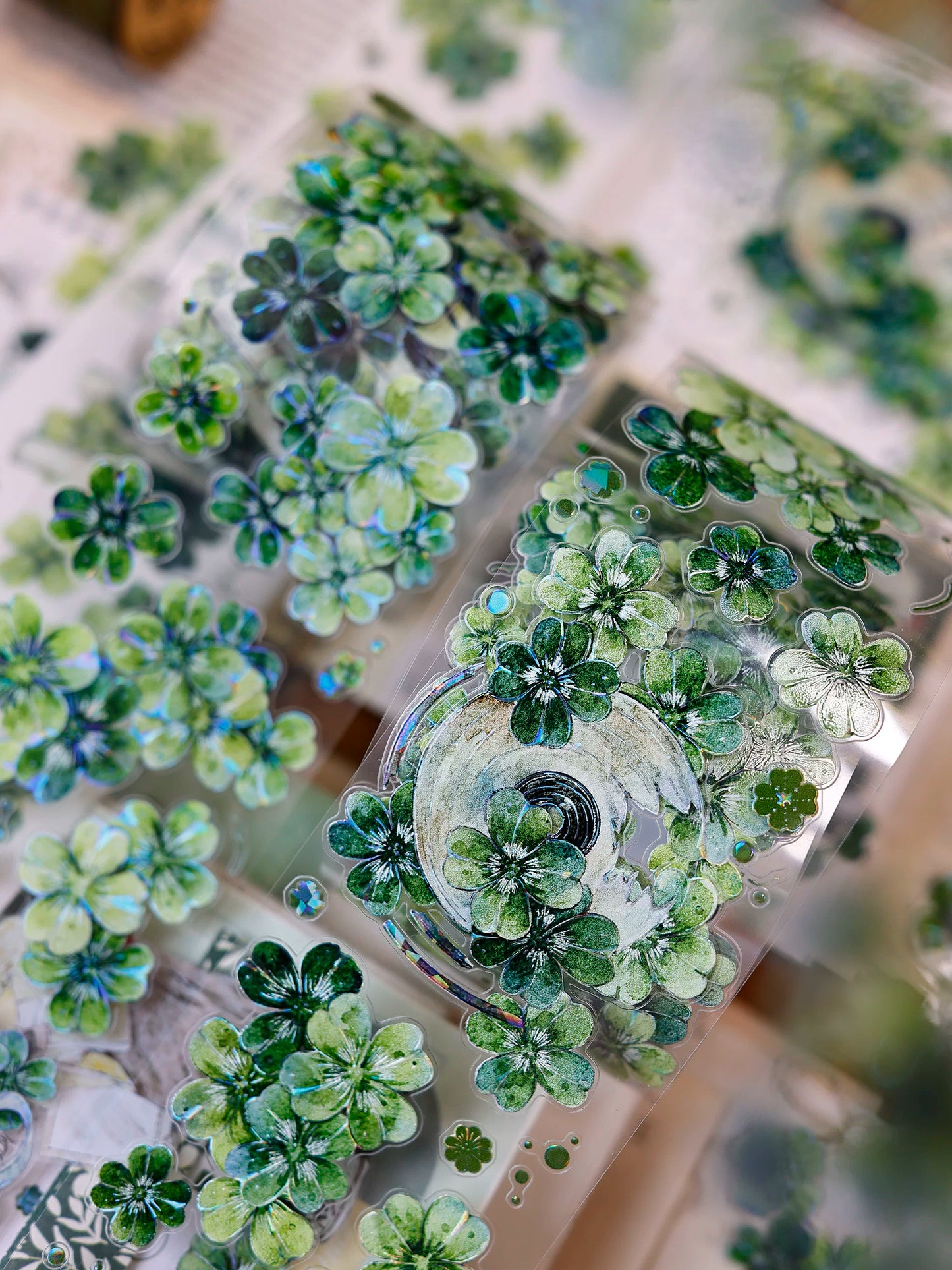 XiaoBaiJia【four-leaf clover】Orginal Design Kiss-cut Washi/Pet Floral Tape Light Retro Landscaping Stickers