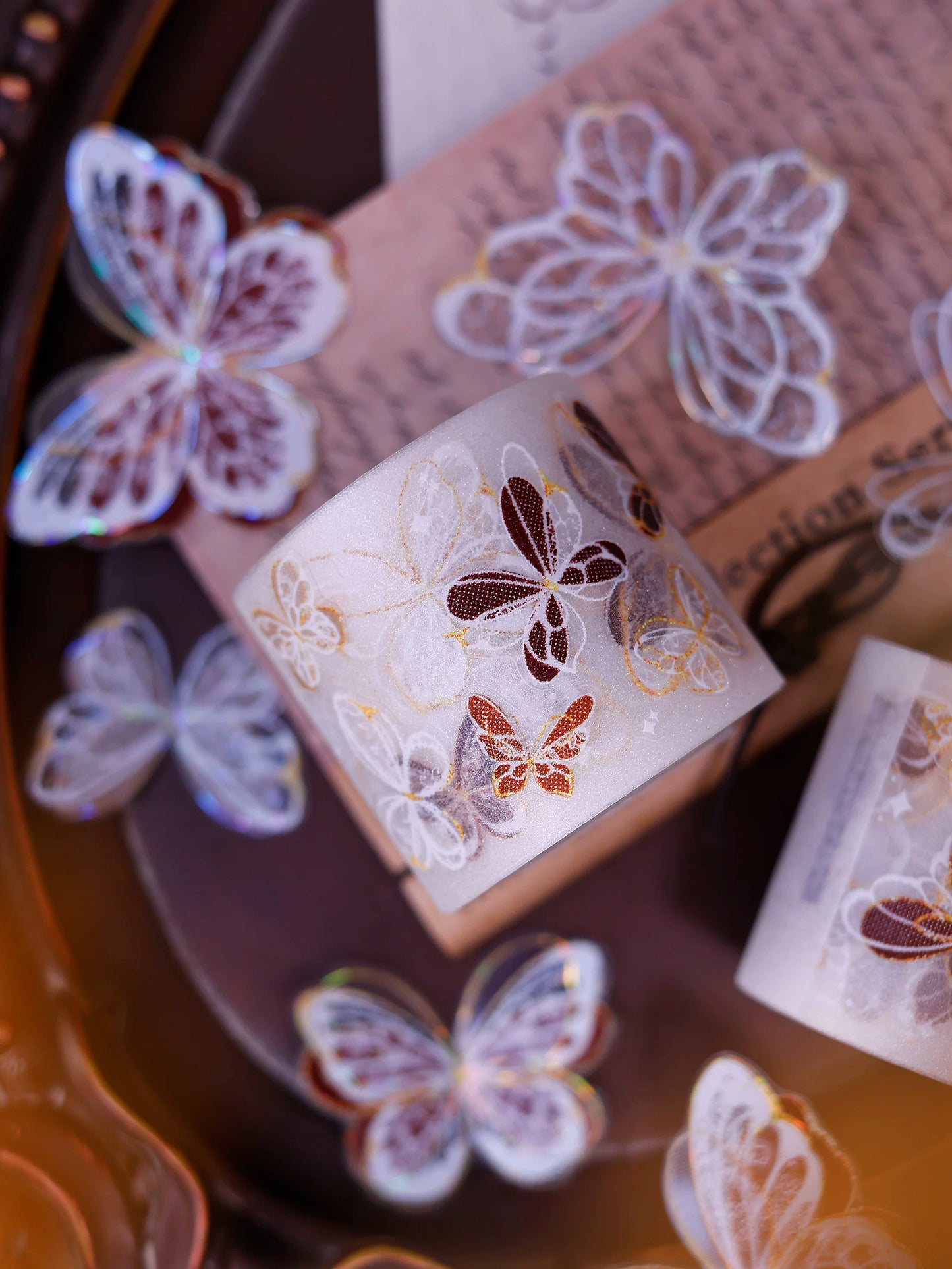 XiaoBaiJia Salt Series【Butterfly Feathers Chasing Light】Orginal Design Kiss-cut Washi/Pet Floral Tape Light Retro Landscaping Stickers