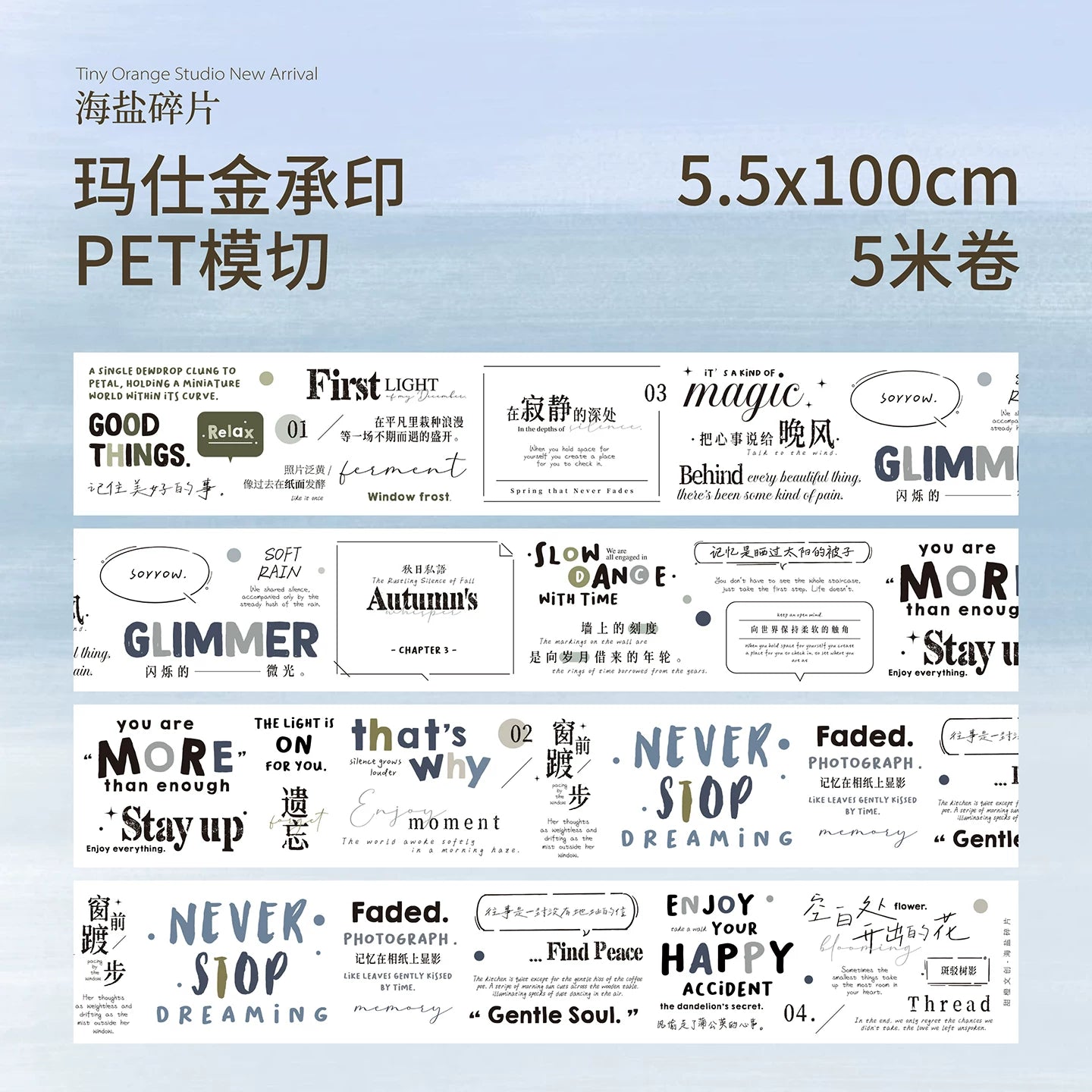 TianCheng-Vol7【Sea Salt Fragments】English Text Washi PET Tape,for Scrapbook Supplies,Scrapbook Tape Stickers,Junk Journal Supplies