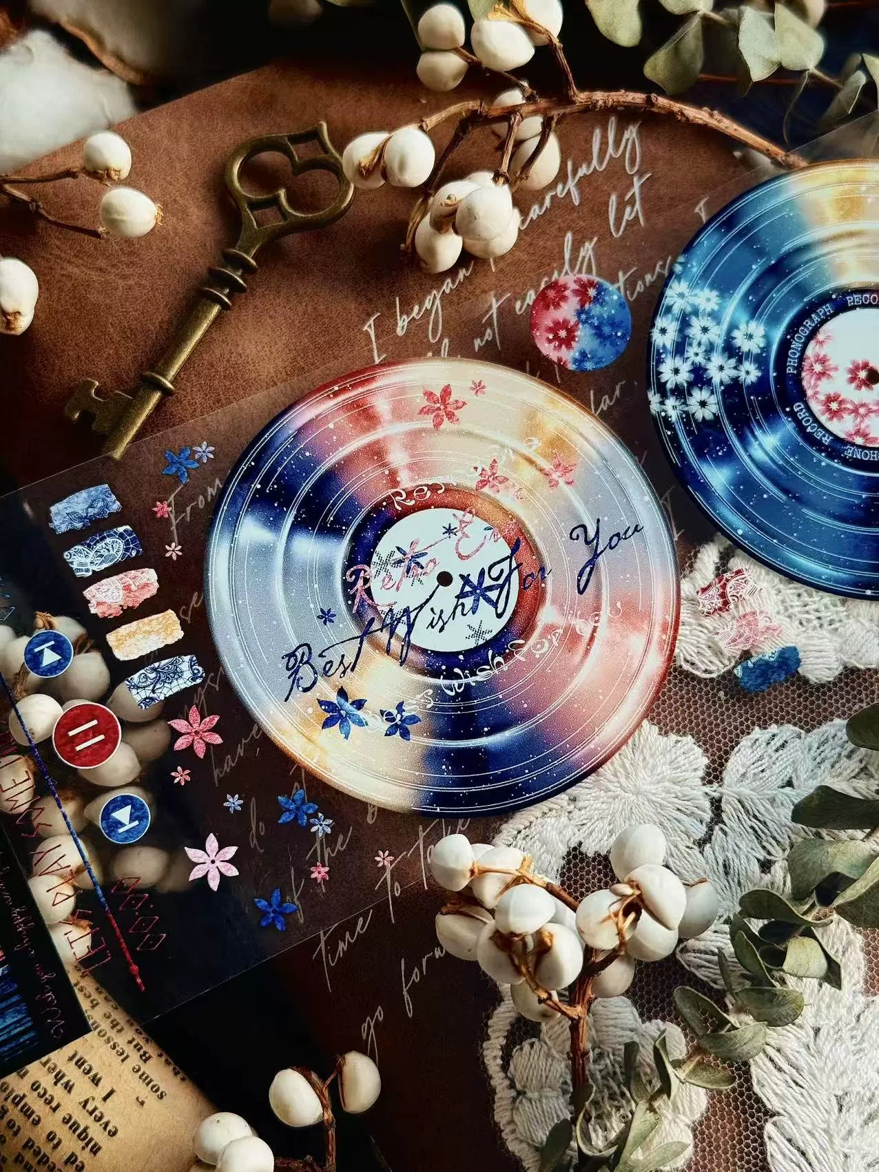 Linlanxi【Record 】 Original Retro Vintage Black Vinyl Record Background Washi/Pet Tape