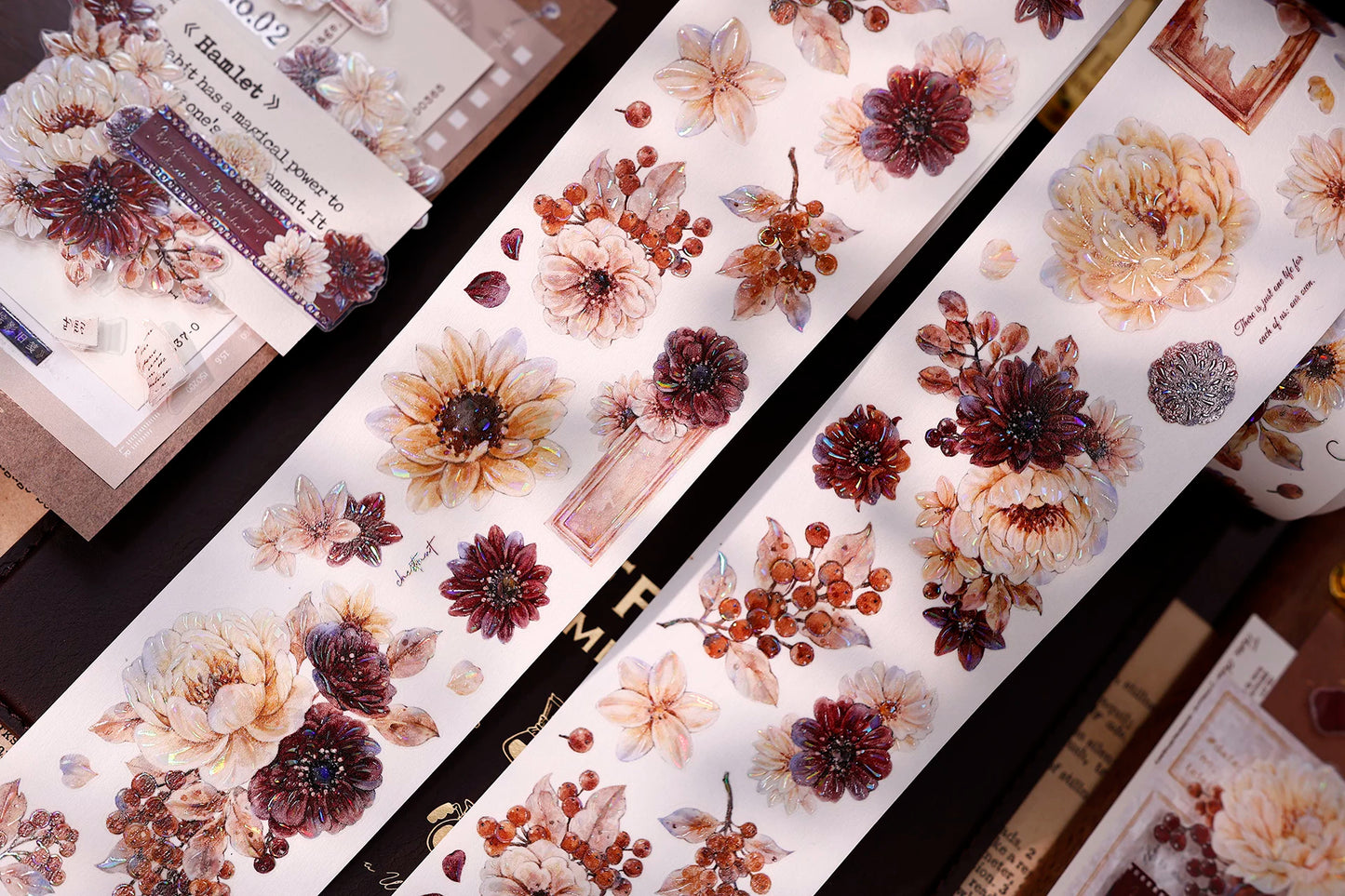 XiaoBaiJia【Peony Shadow Flower Description】Pre-cut Floral Orginal Design Washi Pet Tape Light Retro Stickers
