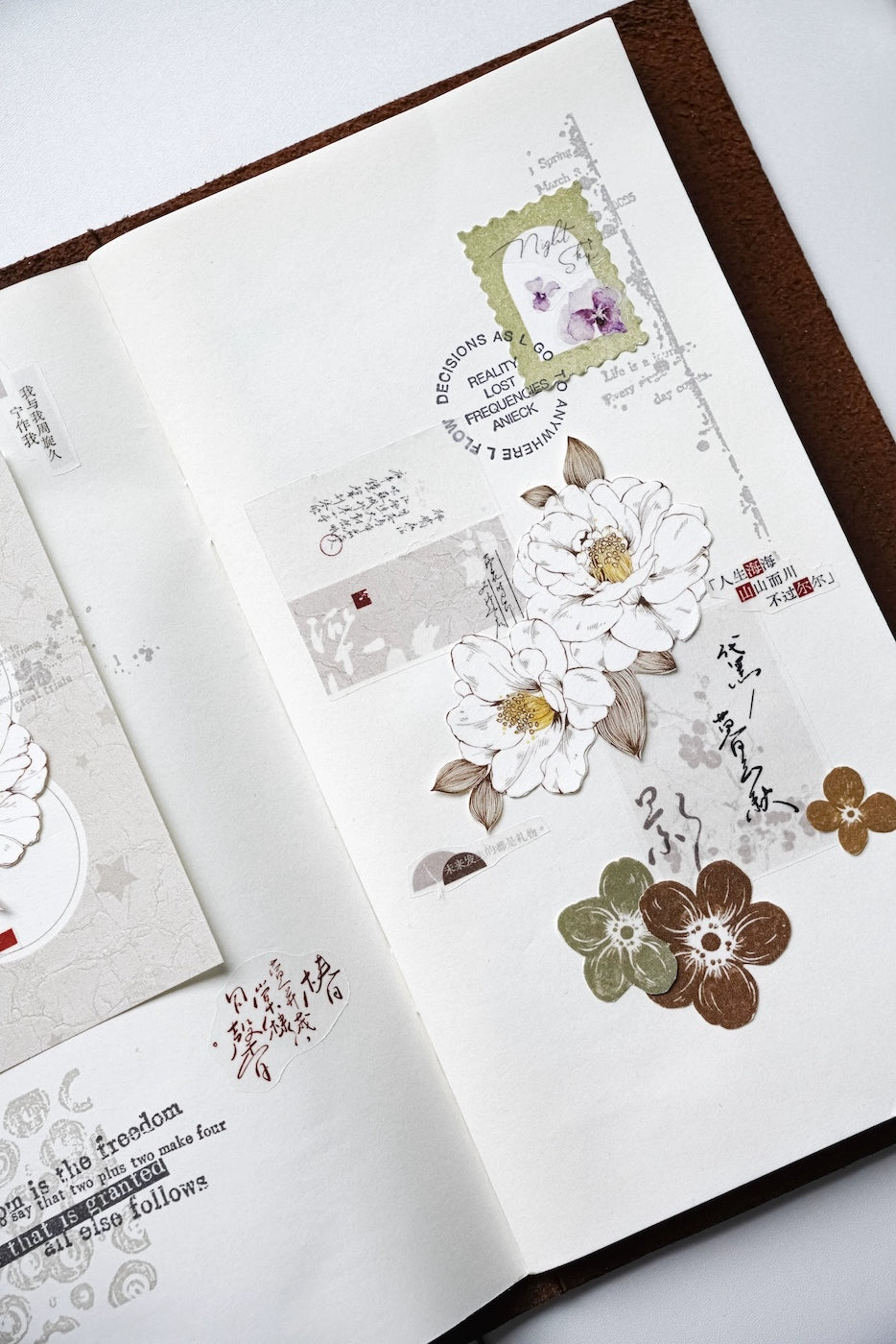 YuanZi Vol7【Misty White Camellia】Orginal Design Washi/Pet Tape Light Retro Flowers Stickers,for Scrapbook Supplies,Scrapbook Tape Stickers,Junk Journal Supplies