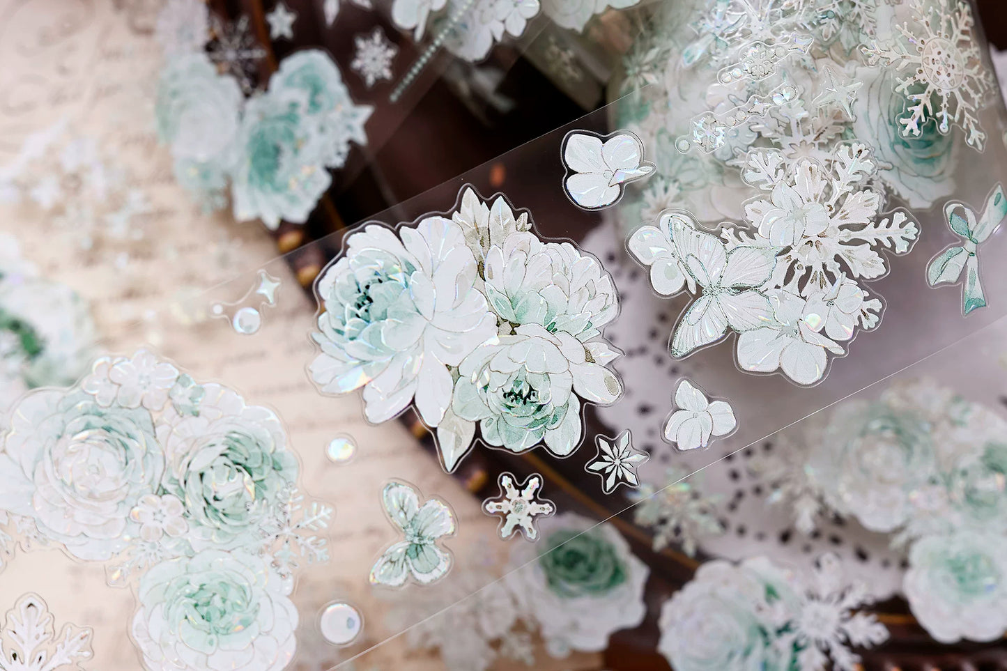 XiaoBaiJia Salt Series【Peppermint Ice】Pre-cut Orginal Design Light Retro Blue and Green Floral Pattern Washi/Pet Tape Light Retro Stickers