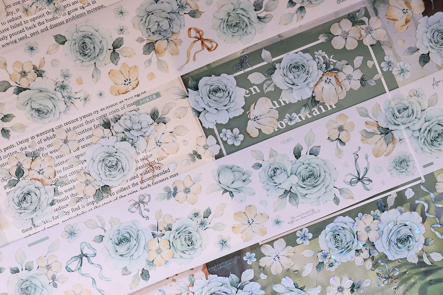 XiaoBaiJia【Clear Sky/Morning Mist】Light Retro Mint Green Flower Orginal Design Washi Pet Floral Tape Landscaping Stickers