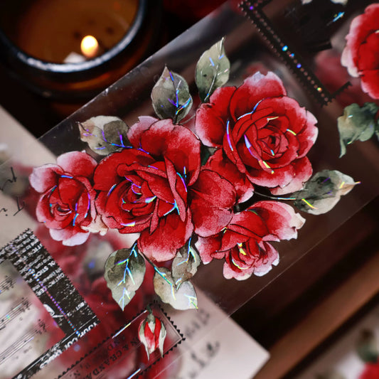 YiEr Vol14【Old Red Paper】Red Rose Floral Washi Tape and PET Stickers