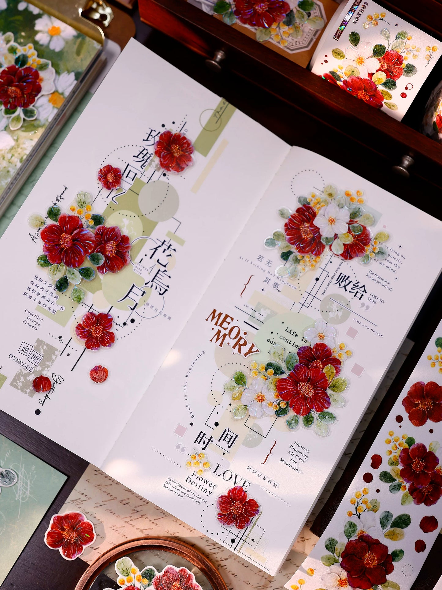 XiaoBaiJia Salt Series【Red Tea for Spring】Pre-cut Orginal Design Red and White Camellia Flowers Washi/Pet Tape Light Retro Stickers