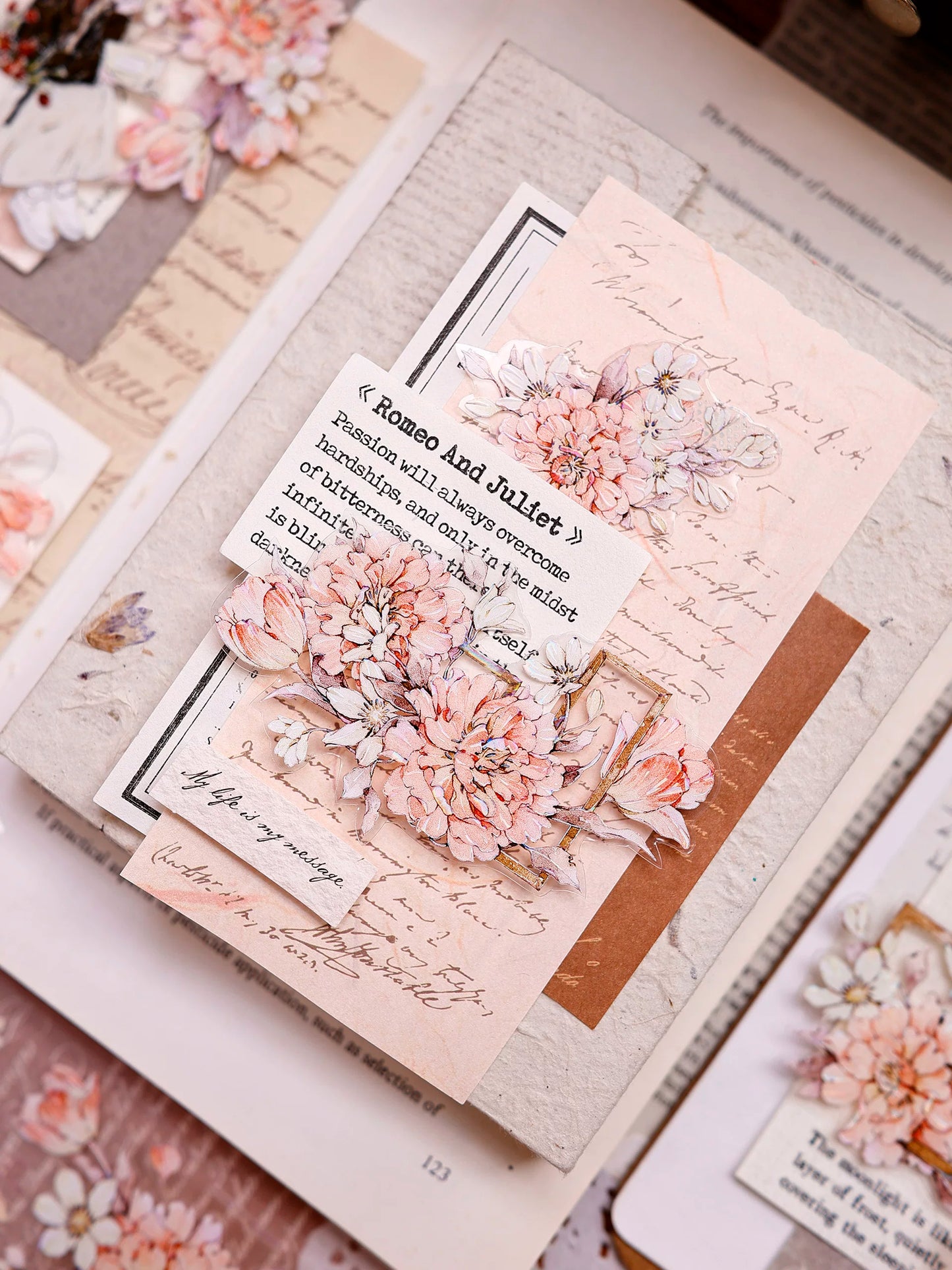 XiaoBaiJia Salt Series【Orange Shadow】Pre-cut Orginal Design Vintage Peony Flowers Washi/Pet Tape Light Retro Stickers