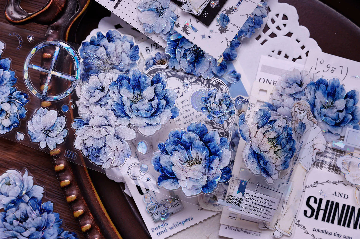 XiaoBaiJia Salt Series【Blue Mirror】Orginal Design Kiss-cut Washi/Pet Floral Tape Light Retro Landscaping Stickers