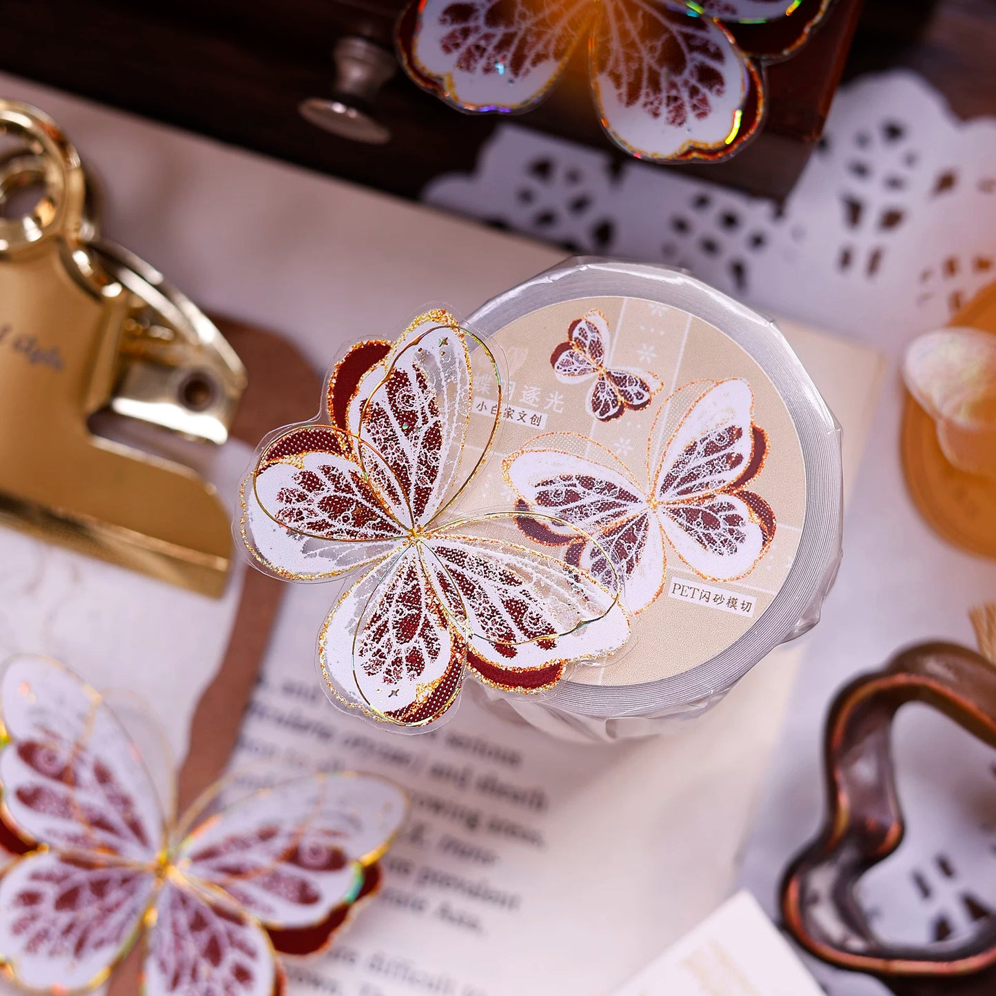 XiaoBaiJia Salt Series【Butterfly Feathers Chasing Light】Orginal Design Kiss-cut Washi/Pet Floral Tape Light Retro Landscaping Stickers