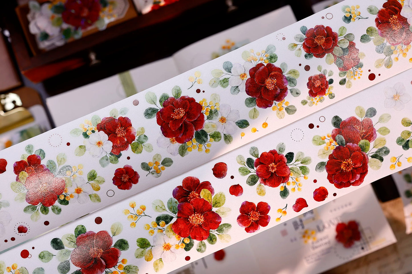 XiaoBaiJia Salt Series【Red Tea for Spring】Pre-cut Orginal Design Red and White Camellia Flowers Washi/Pet Tape Light Retro Stickers