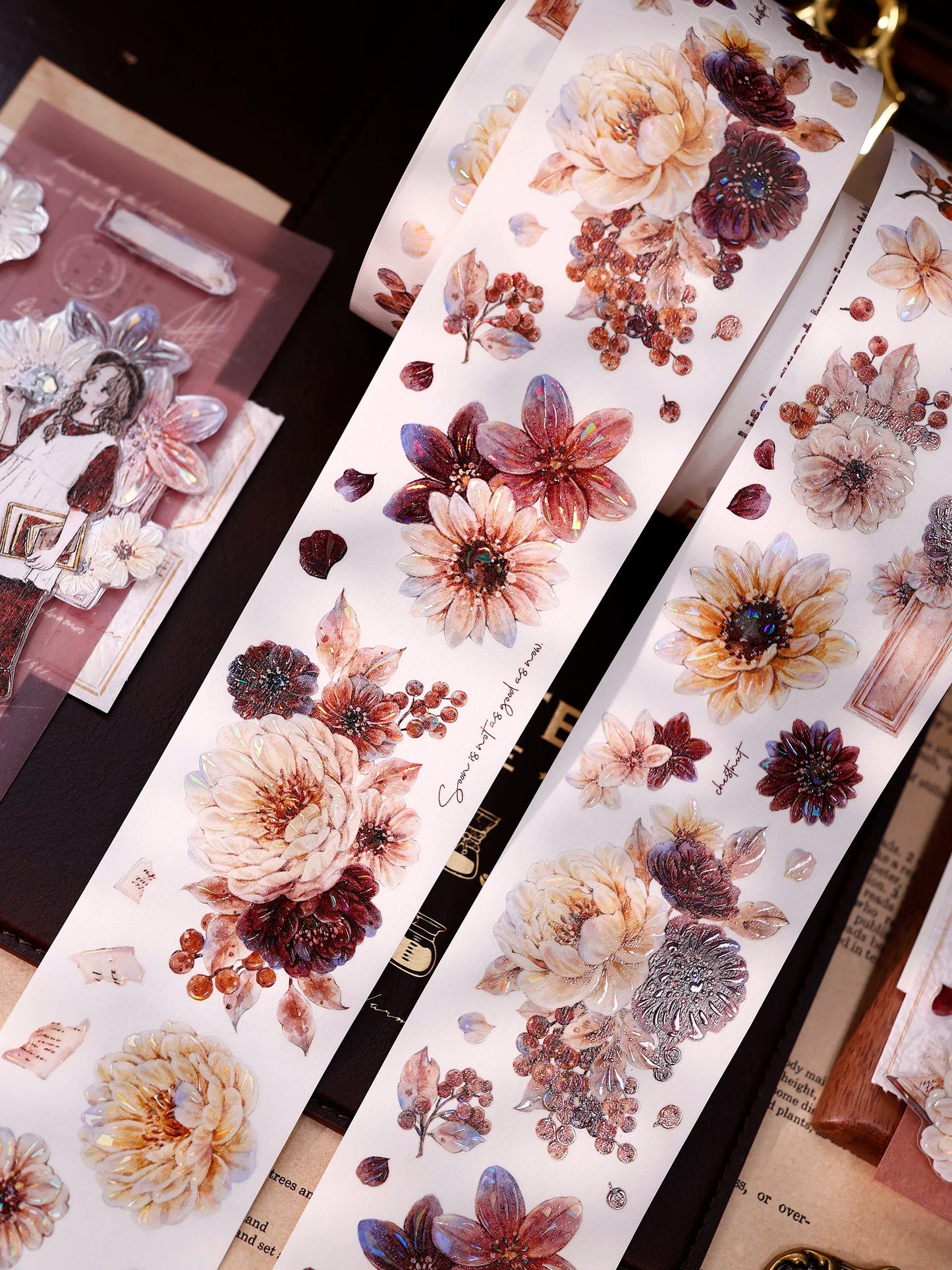 XiaoBaiJia【Peony Shadow Flower Description】Pre-cut Floral Orginal Design Washi Pet Tape Light Retro Stickers