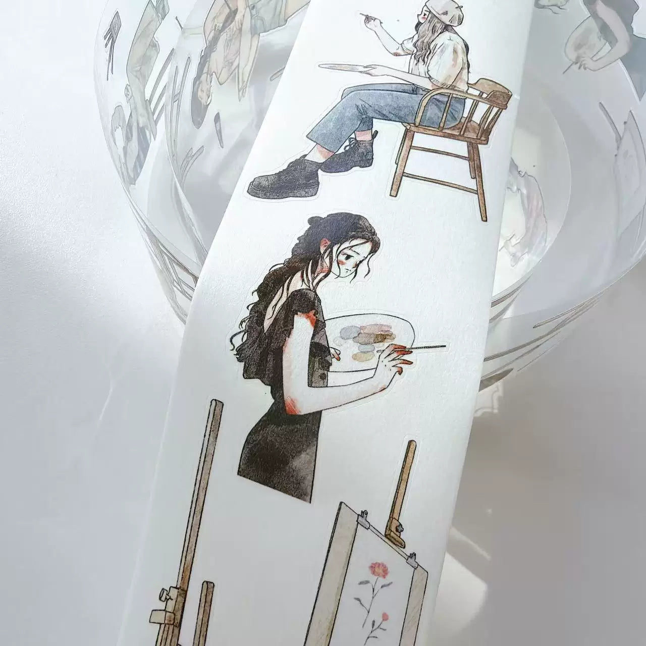 Kaixiaoxun Vol12【The Girl Who Draws】 Pre-Cut Long Loop Washi/Matte PET Tape for Scrapbook Supplies,Junk Journal Supplies